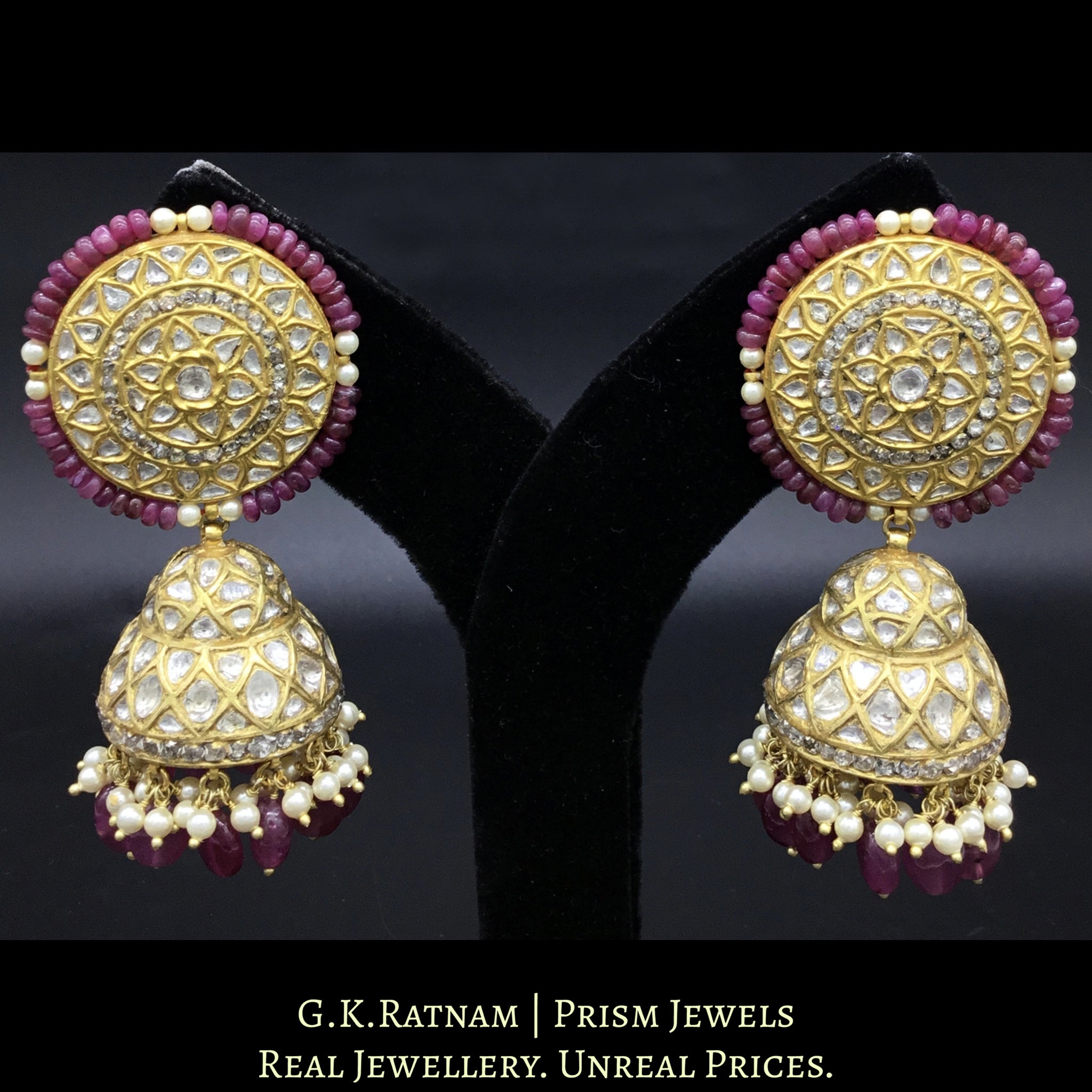 23k Gold and Diamond Polki Karanphool Jhumki Earring Pair with lustrous pink rubies and pearls