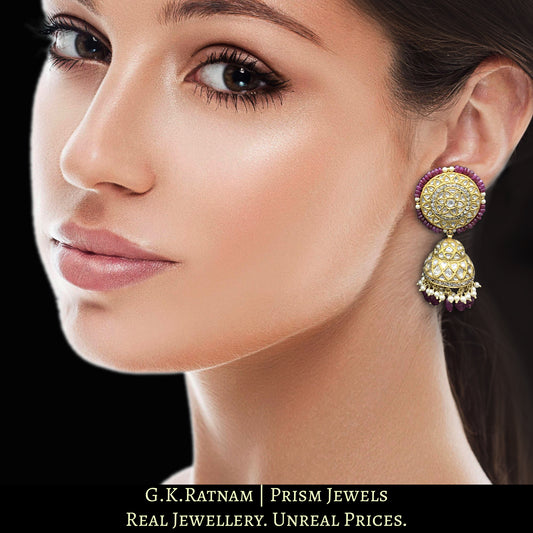 23k Gold and Diamond Polki Karanphool Jhumki Earring Pair with lustrous pink rubies and pearls