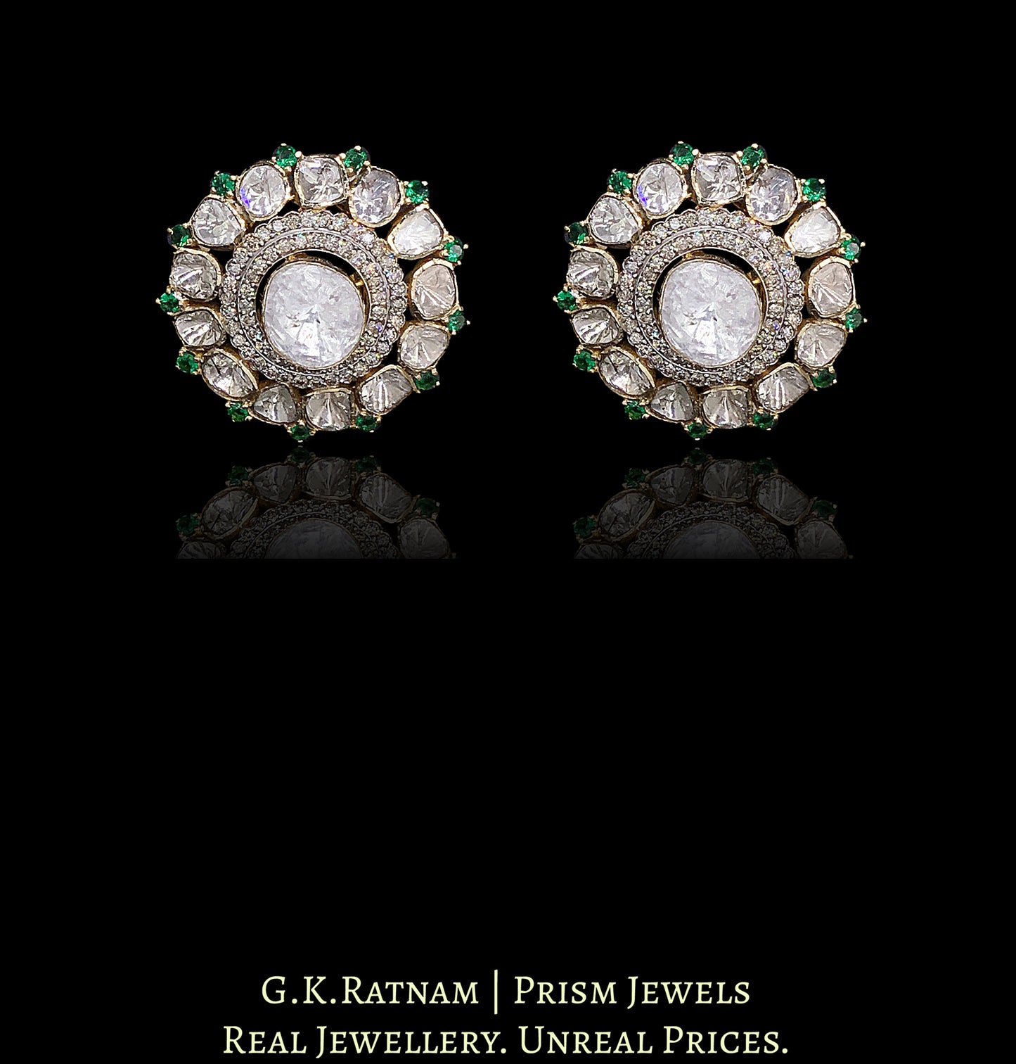 14k Gold and Diamond Polki Open Setting Karanphool Earring Pair with big uncut center