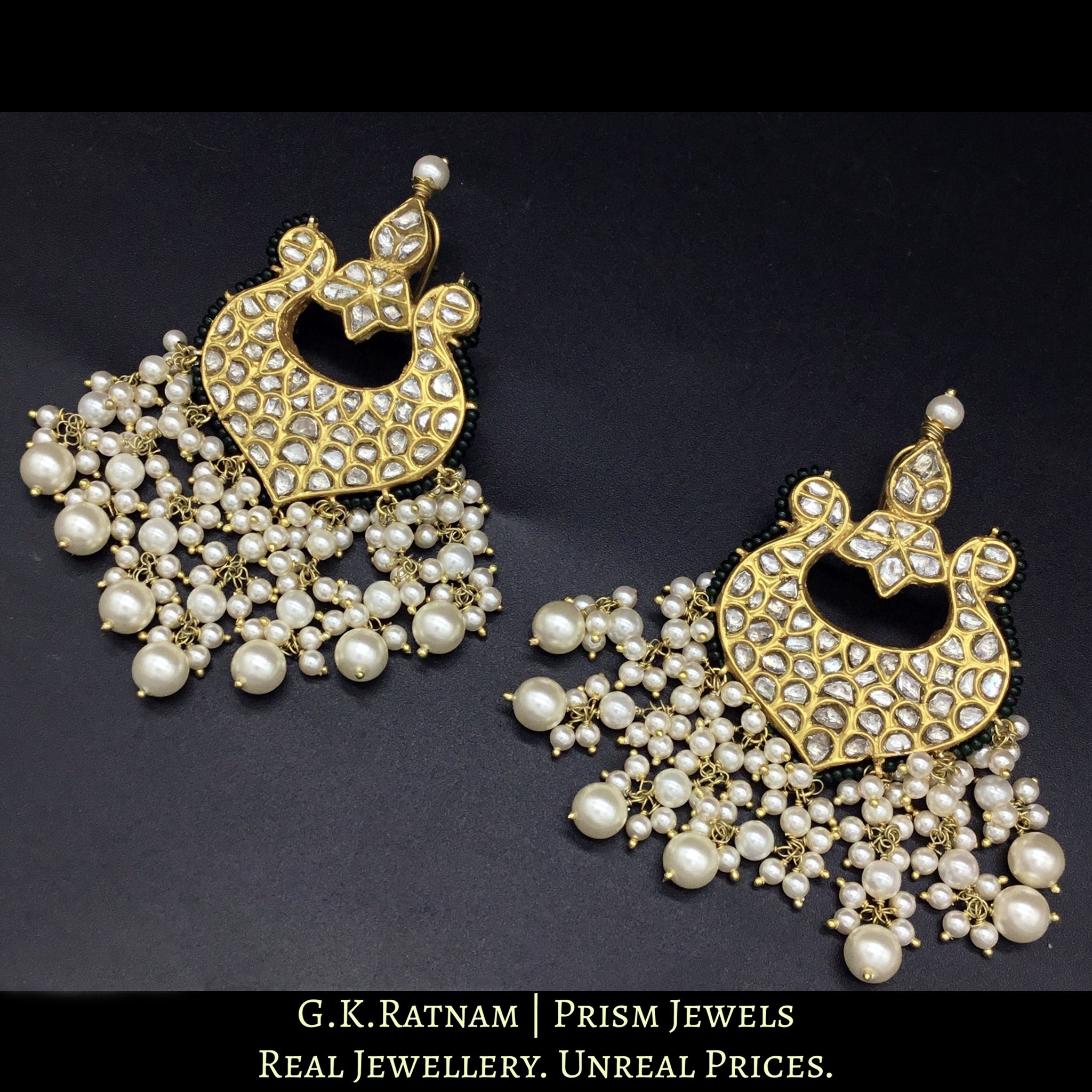 23k Gold and Diamond Polki Chand Bali Earring Pair with pearls strung in chandelier style