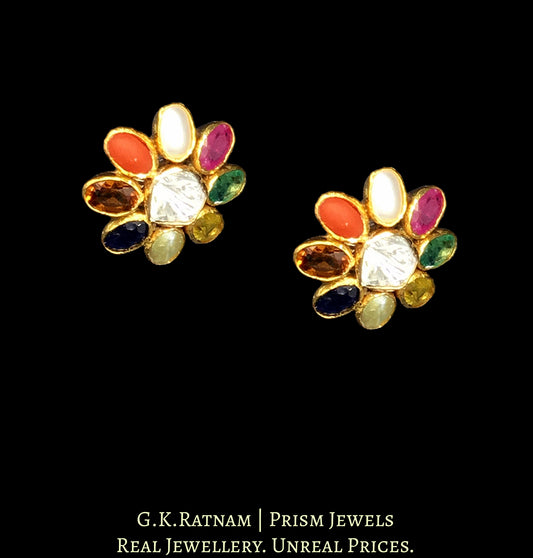 14k Gold and Diamond Polki Open Setting Navratna Tops / Studs Earring Pair