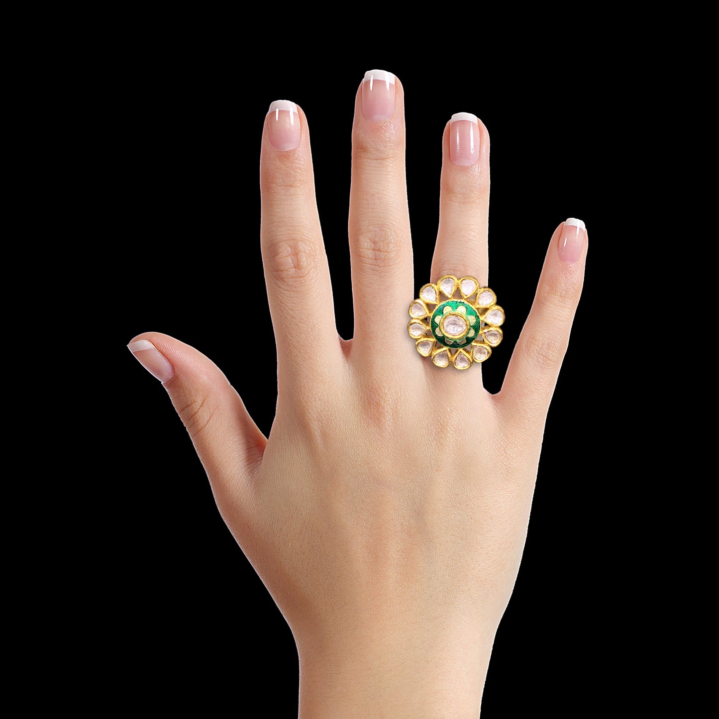 18k Gold and Diamond Polki Round Ring with green floral enamel