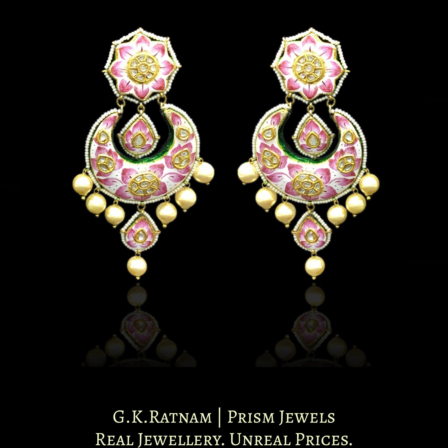 23k Gold and Diamond Polki Chand Bali Earring Pair with Pink Enamelling - G. K. Ratnam
