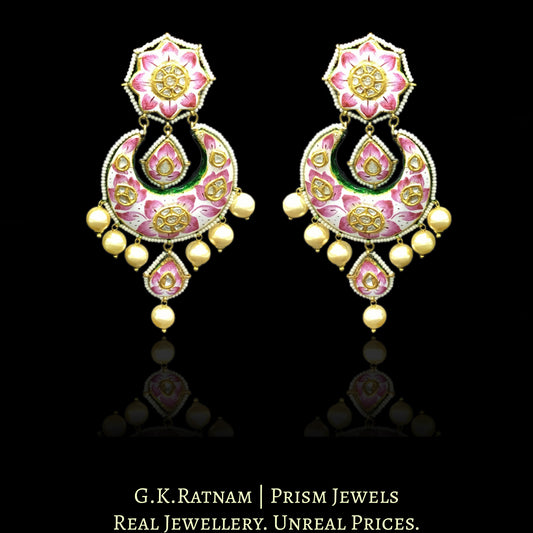 23k Gold and Diamond Polki Chand Bali Earring Pair with Pink Enamelling - G. K. Ratnam