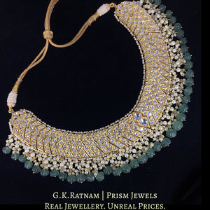 22k Gold and Diamond Polki W-Necklace with Green Strawberry Quartz Melons and Pearls