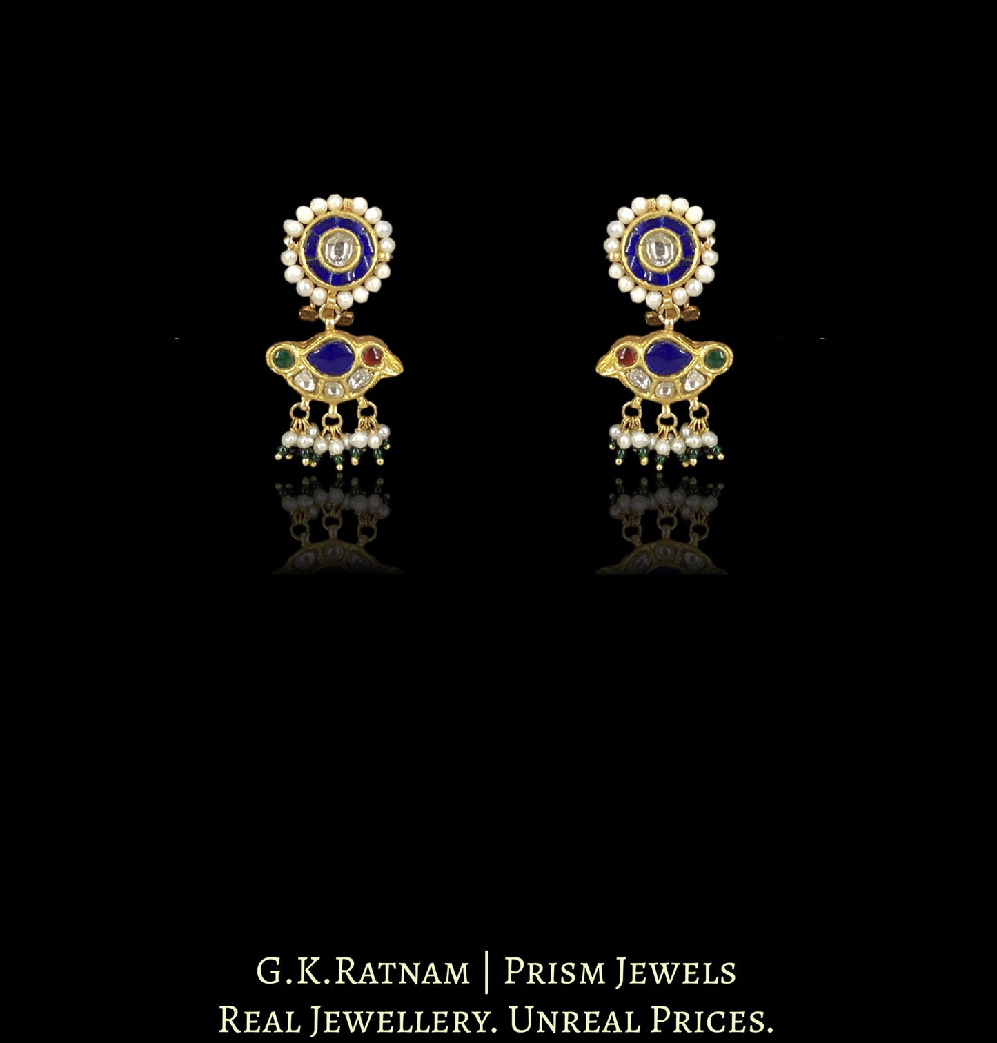 23K Gold and Diamond Polki Necklace Set with bird motifs strung in Natural Freshwater Pearls & Beryls