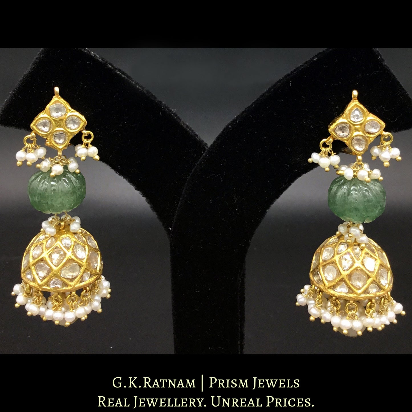 23k Gold and Diamond Polki Jhumki Earring Pair with Aventurine Quartz melons and natural hyderabadi pearls - G. K. Ratnam