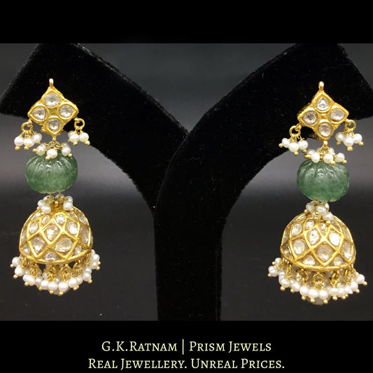 23k Gold and Diamond Polki Jhumki Earring Pair with Aventurine Quartz melons and natural hyderabadi pearls - G. K. Ratnam