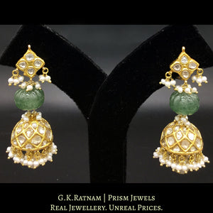 23k Gold and Diamond Polki Jhumki Earring Pair with Aventurine Quartz melons and natural hyderabadi pearls