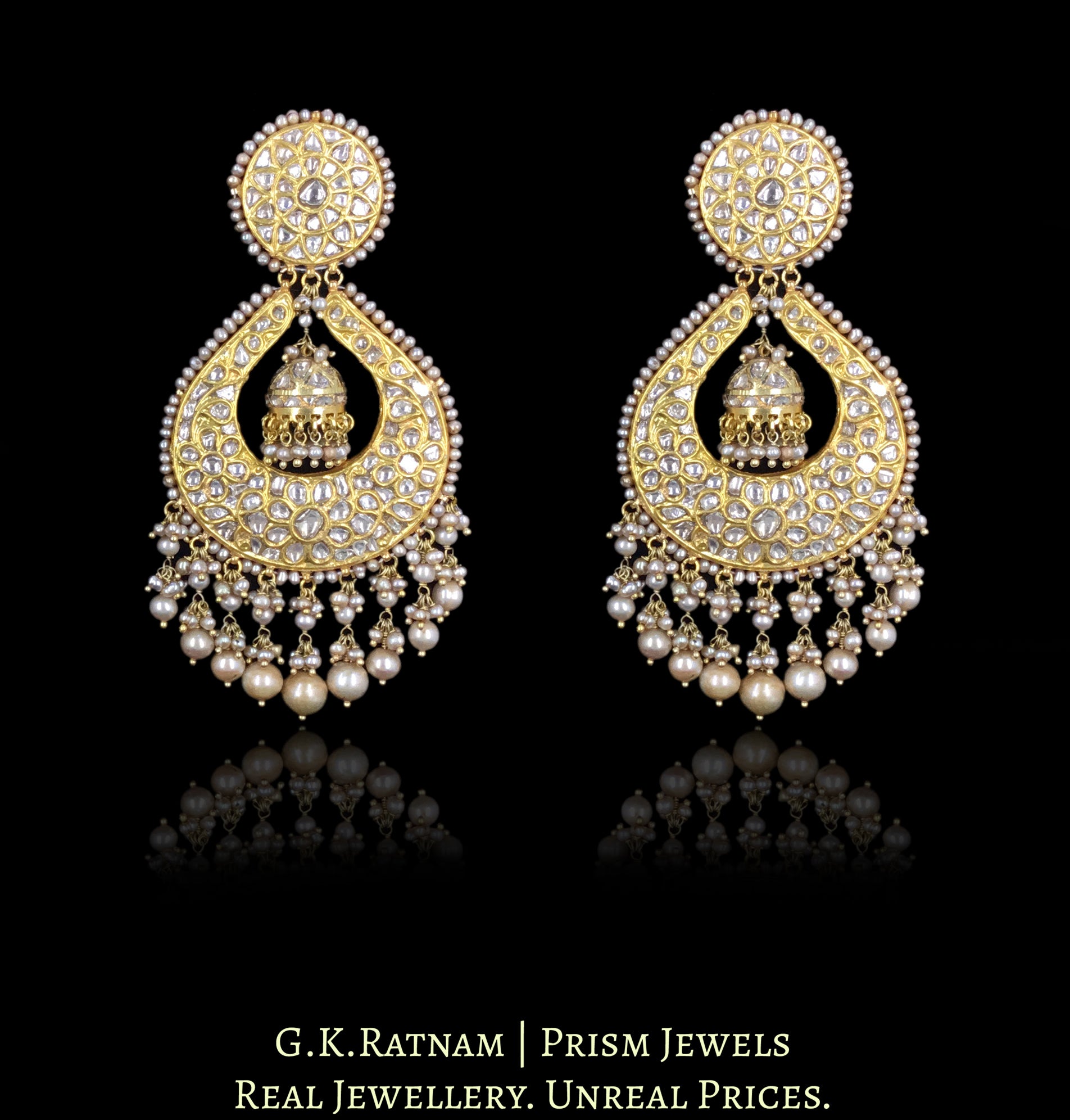 23k Gold and Diamond Polki Chand Bali Earring Pair with Small Jhumkis
