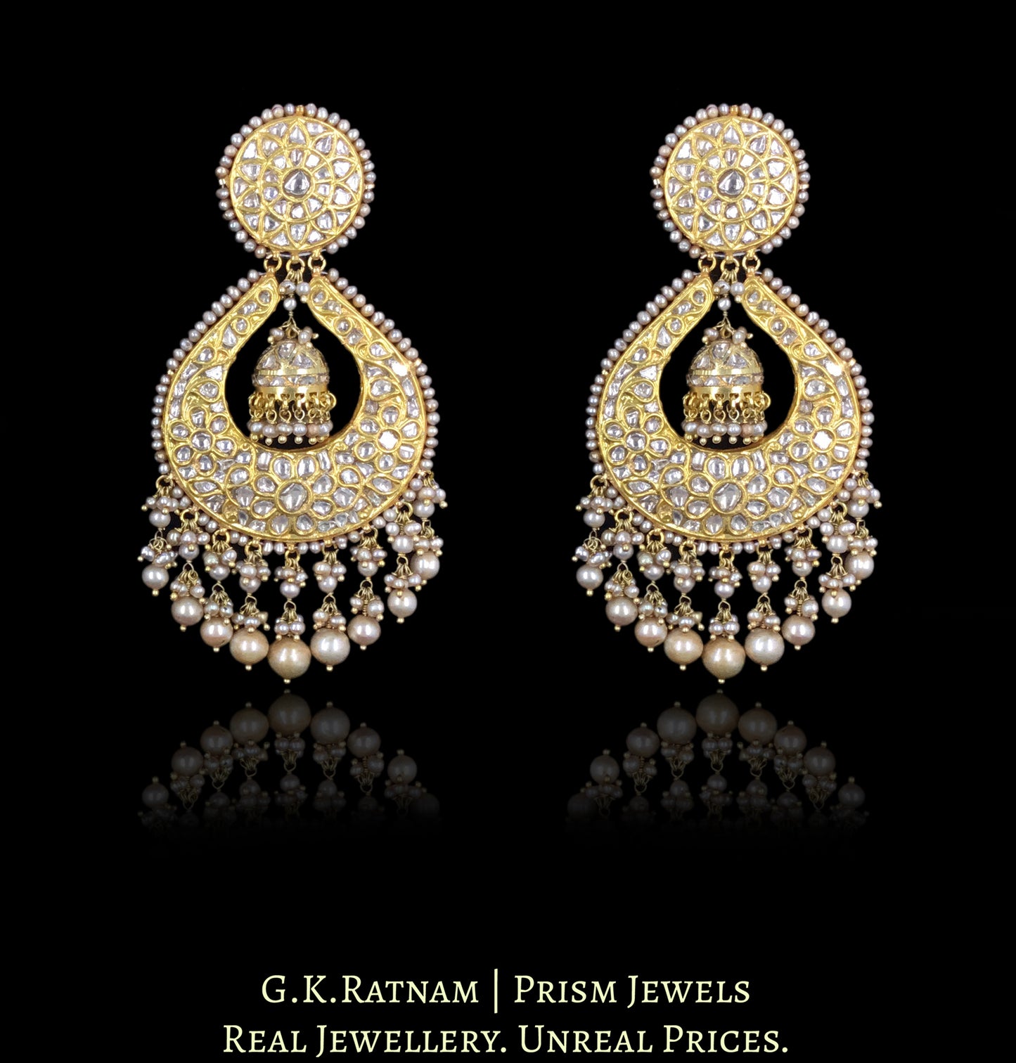 23k Gold and Diamond Polki Chand Bali Earring Pair with Small Jhumkis - G. K. Ratnam
