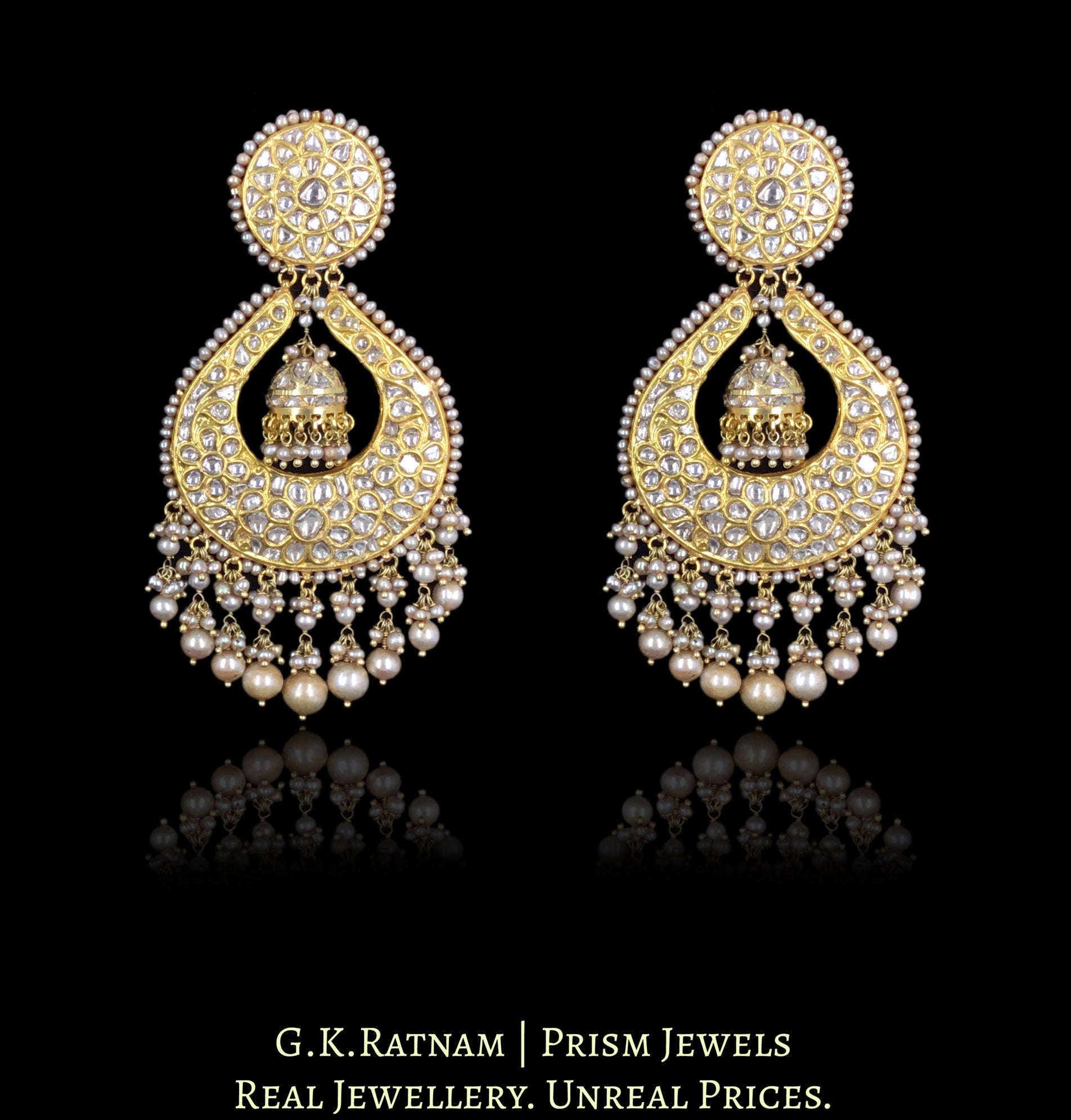 23k Gold and Diamond Polki Chand Bali Earring Pair with Small Jhumkis - G. K. Ratnam