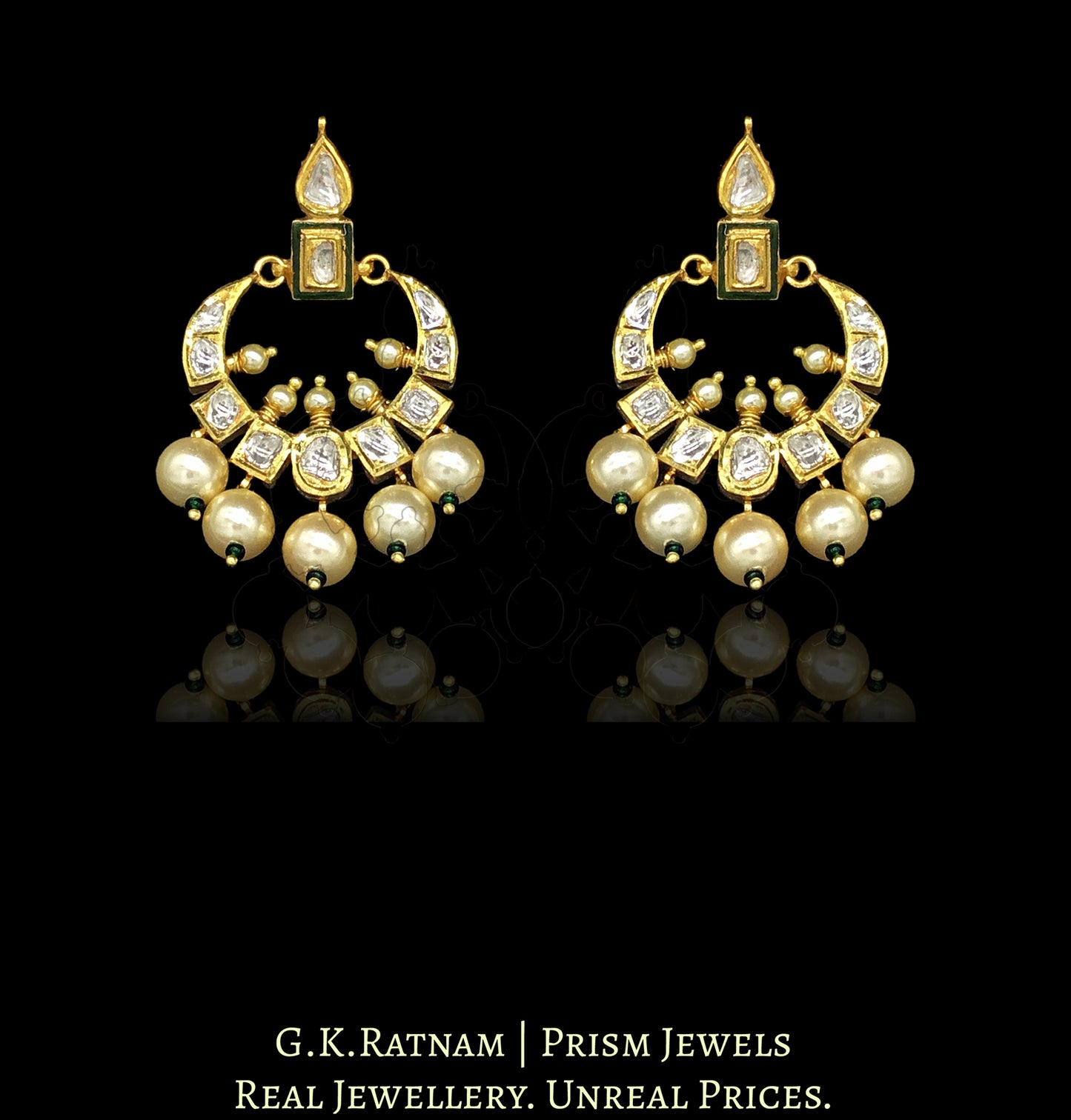 18k Gold and Diamond Polki Chand Bali Earring Pair with a hint of Green Enamel - G. K. Ratnam