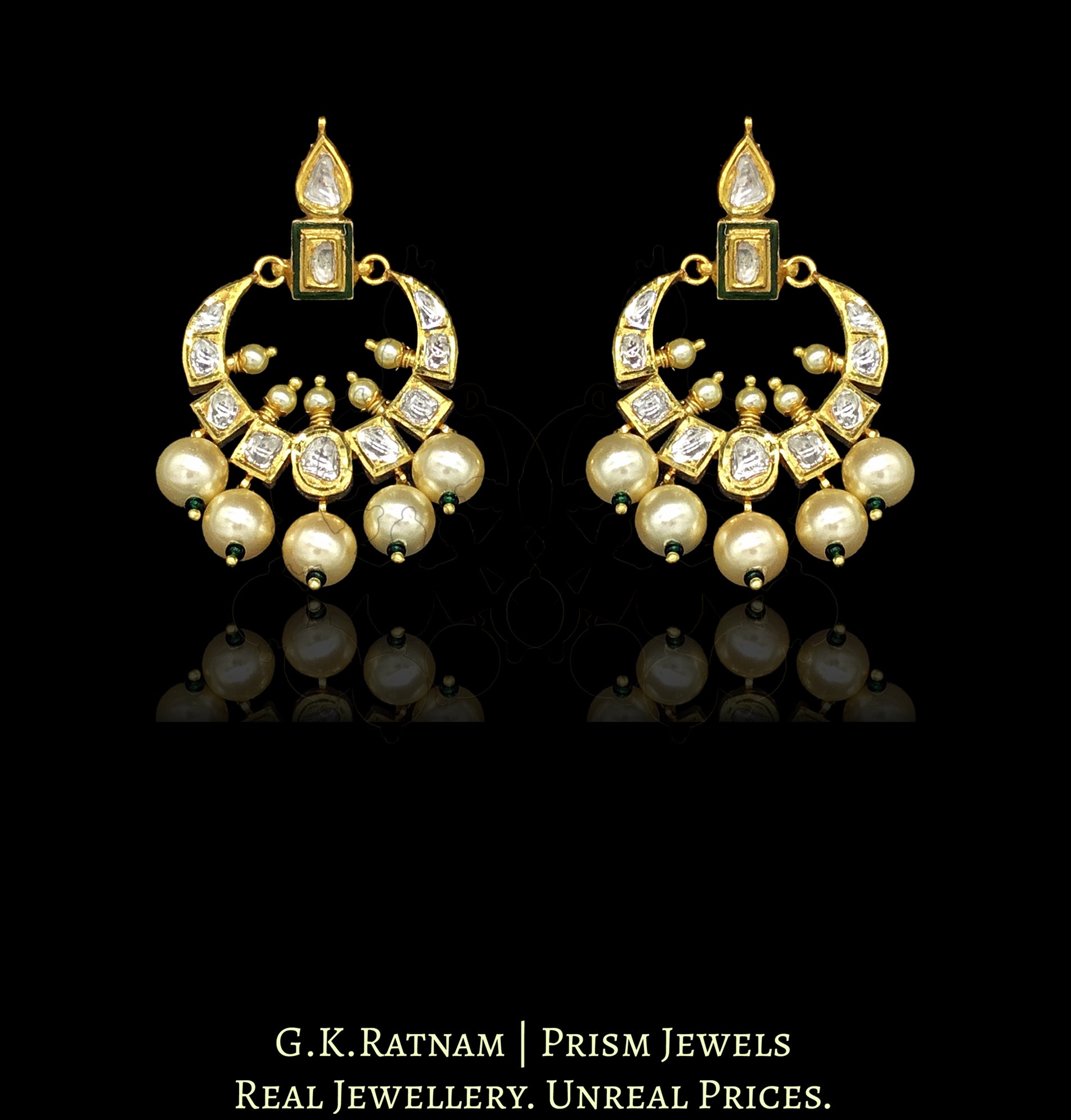 18k Gold and Diamond Polki Chand Bali Earring Pair with a hint of Green Enamel - G. K. Ratnam