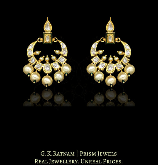 18k Gold and Diamond Polki Chand Bali Earring Pair with a hint of Green Enamel - G. K. Ratnam