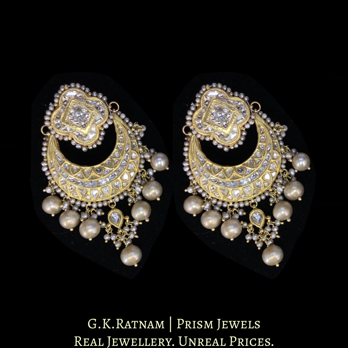 23k Gold and Diamond Polki Chand Bali Earring Pair strung with Antiqued Freshwater Pearls