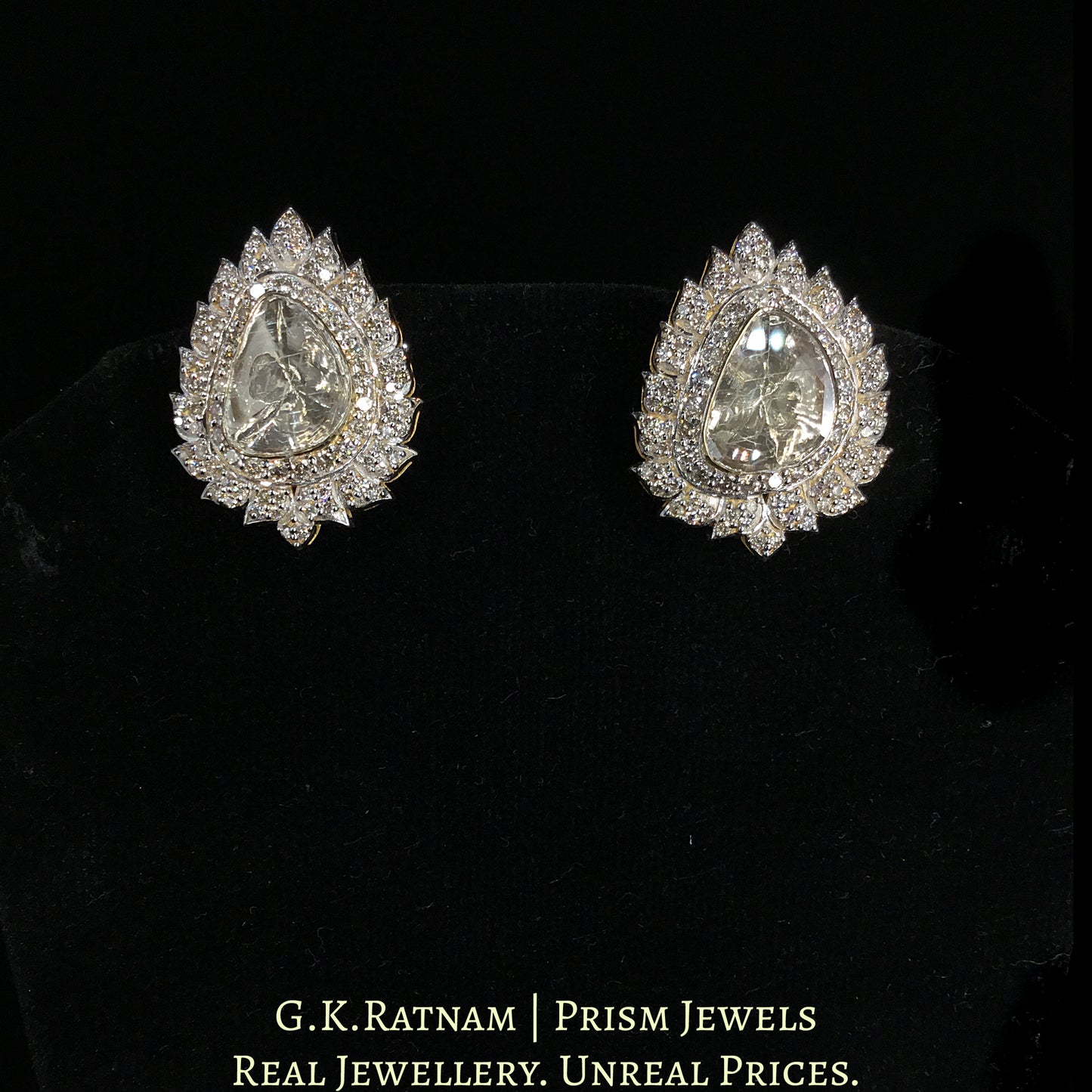 18k Gold and Diamond Polki Open Setting Tops / Studs Earring Pair with leafy diamond rim around large uncut diamonds