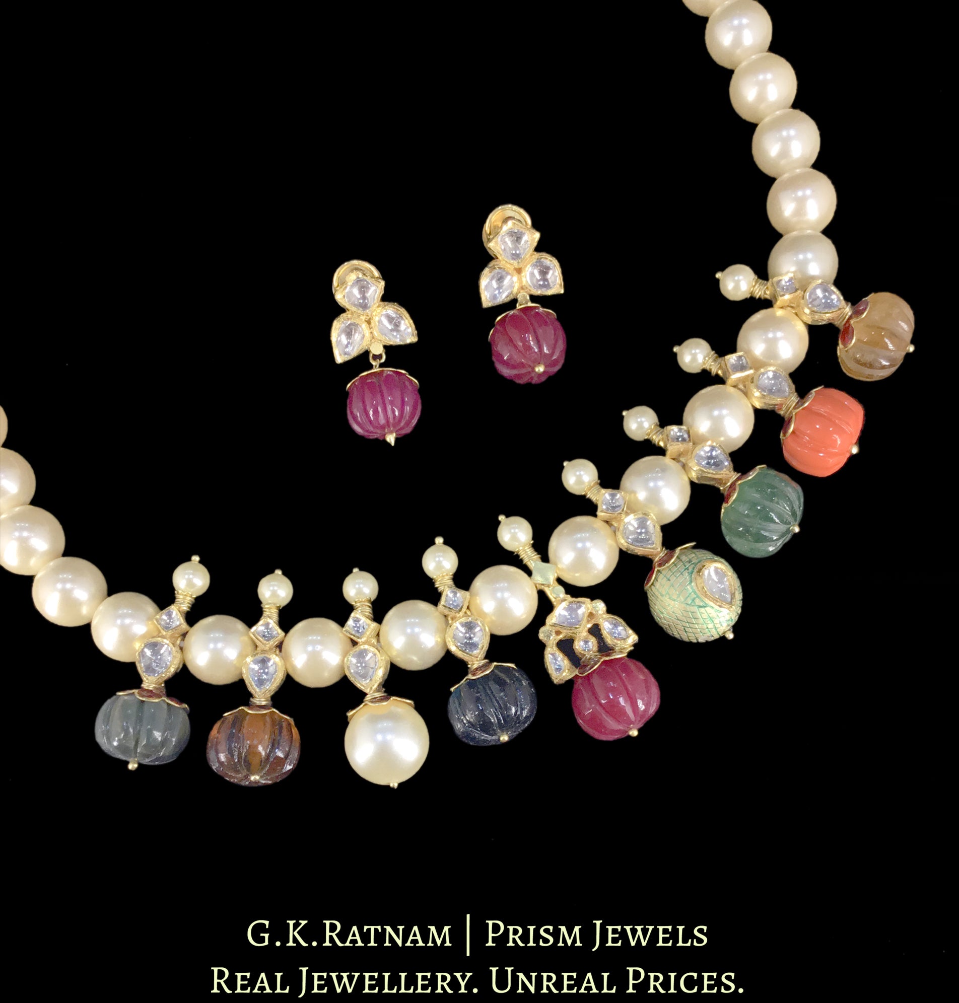 18k Gold and Diamond Polki Necklace Set With Navratna Melons And Pearls
