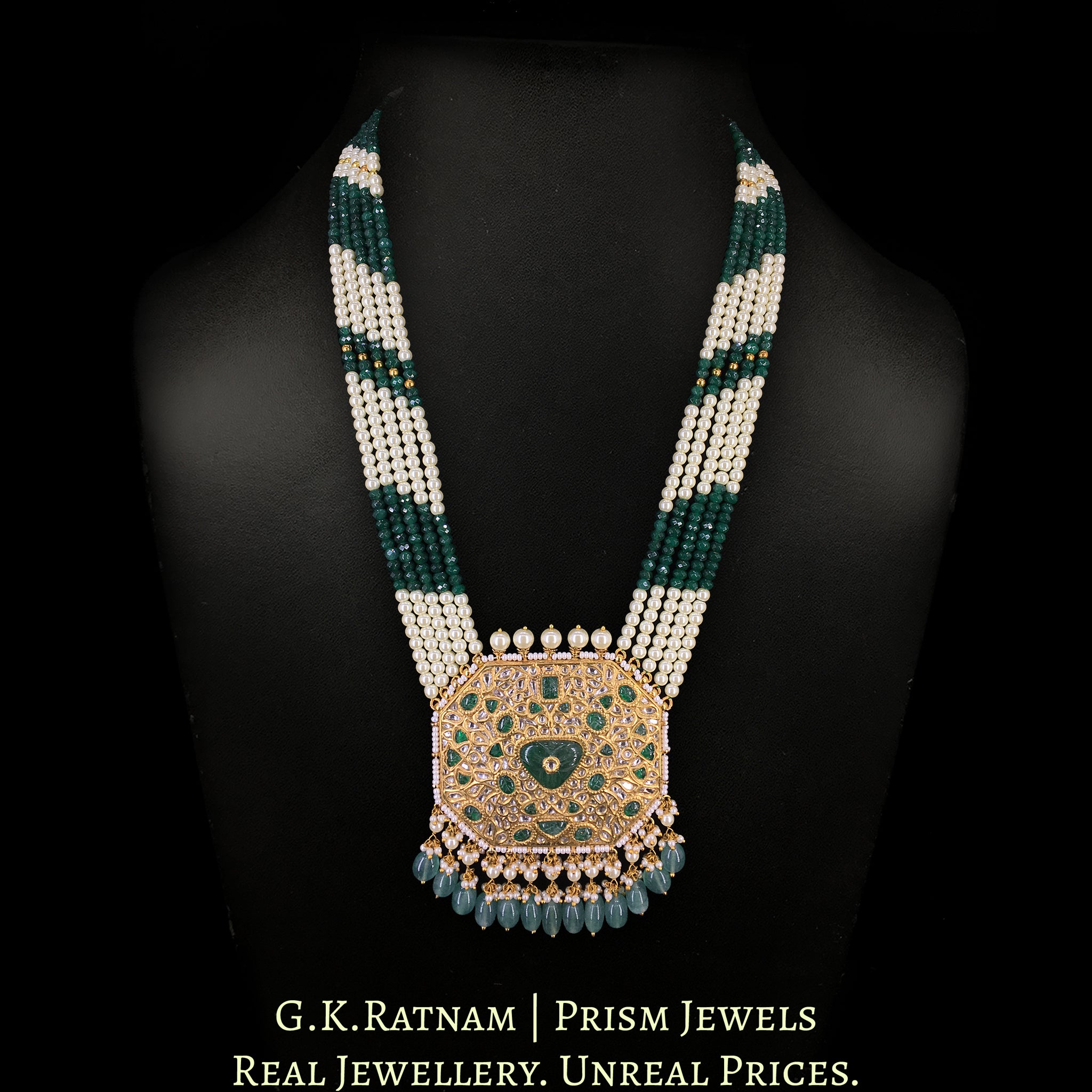 23k Gold and Diamond Polki Octagonal Pendant Set with emerald-green carved stone center