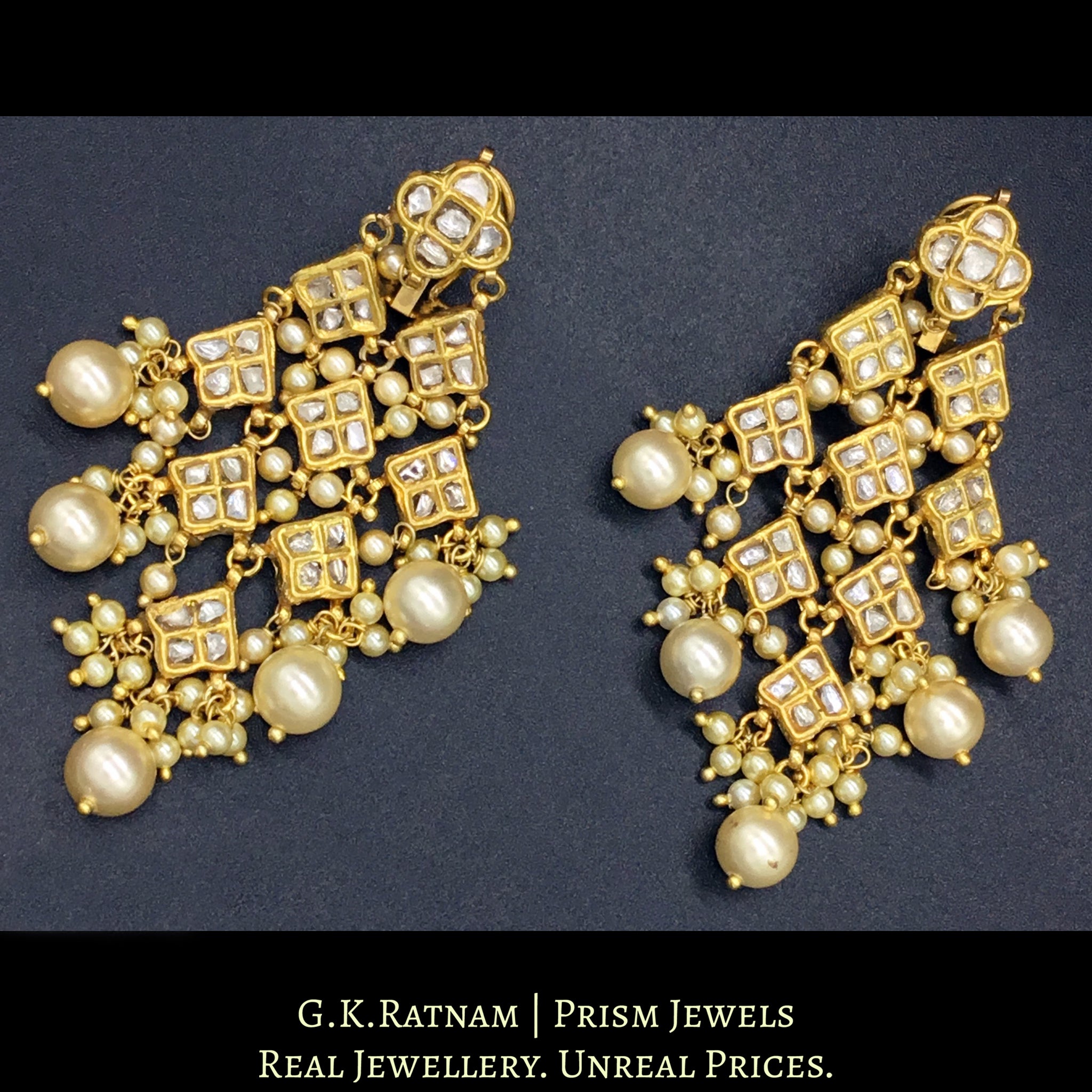 23k Gold and Diamond Polki kite-shaped Chandelier Earring Pair