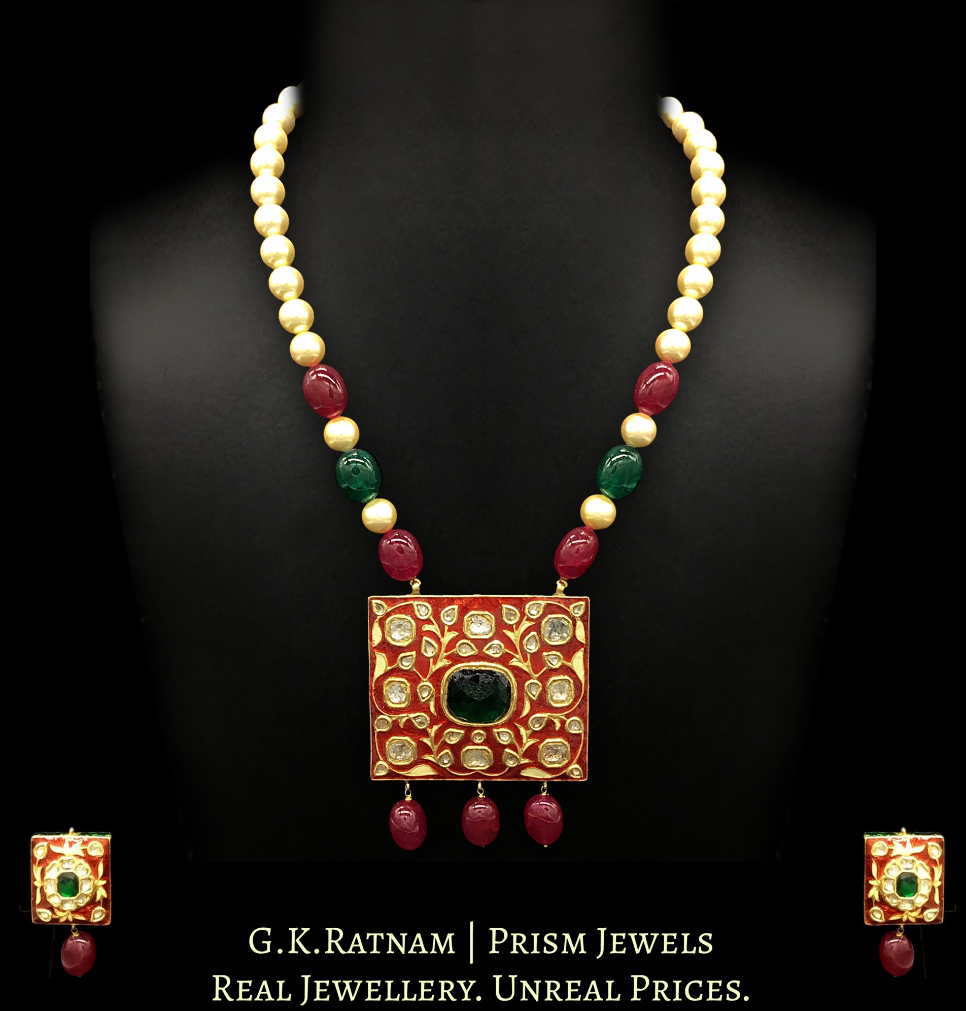 23k Gold and Diamond Polki square-shaped Pendant Set with bright red meenakari - G. K. Ratnam