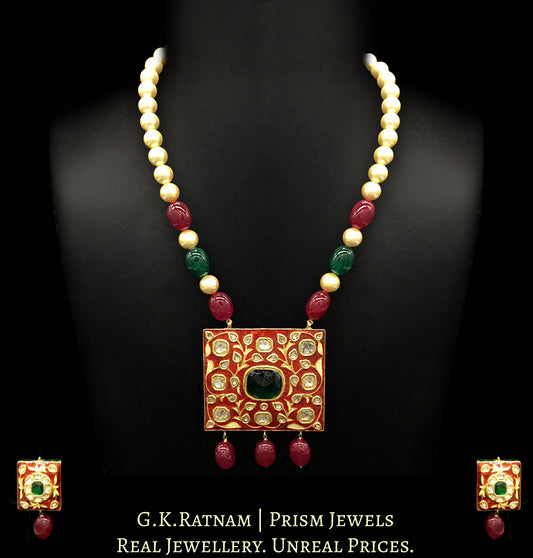 23k Gold and Diamond Polki square-shaped Pendant Set with bright red meenakari - G. K. Ratnam