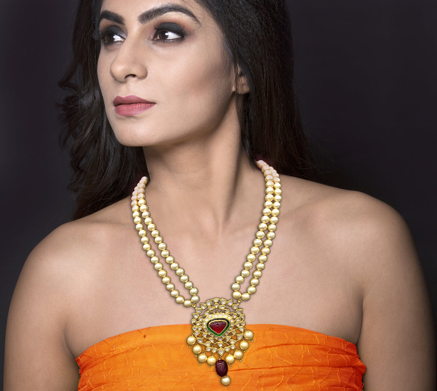 Traditional Gold and Diamond Polki red-center Pendant Set with double strands of lustrous pearls - G. K. Ratnam