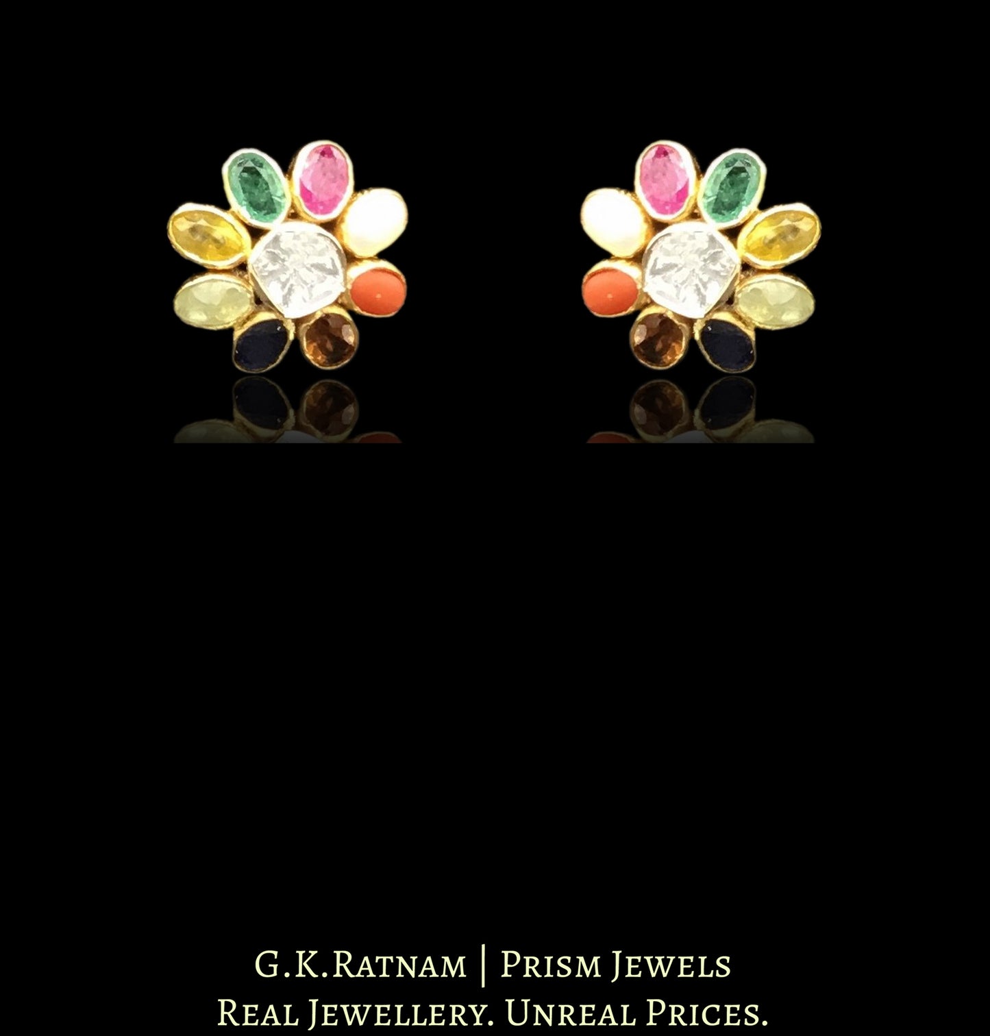 14k Gold and Diamond Polki Open Setting Navratna Tops / Studs Earring Pair
