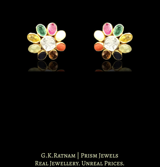 14k Gold and Diamond Polki Open Setting Navratna Tops / Studs Earring Pair