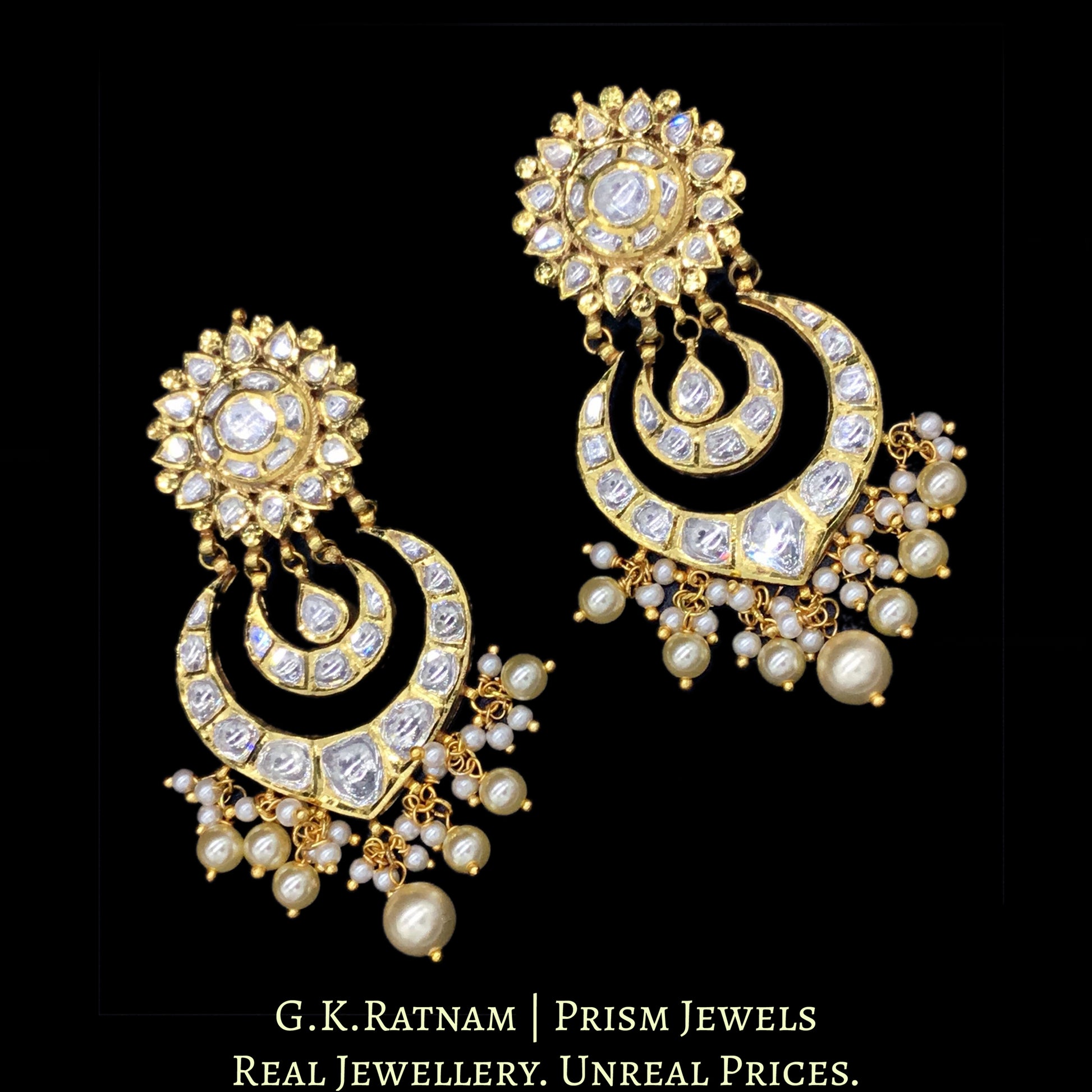 18k Gold and Diamond Polki Choker Necklace Set with multiple chands and green enamelled uncut tikdas - G. K. Ratnam