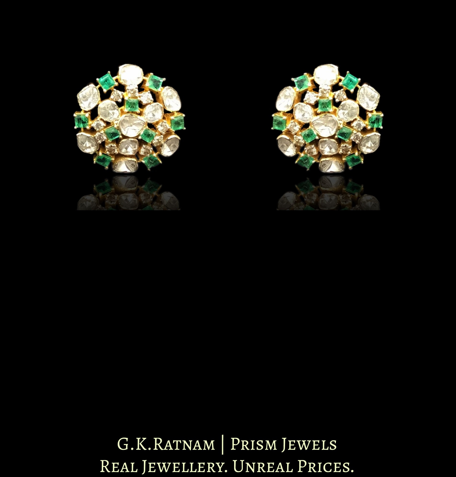 14k Gold and Diamond Polki Open Setting Karanphool Earring Pair with Natural Emerald Chawkis (squares)