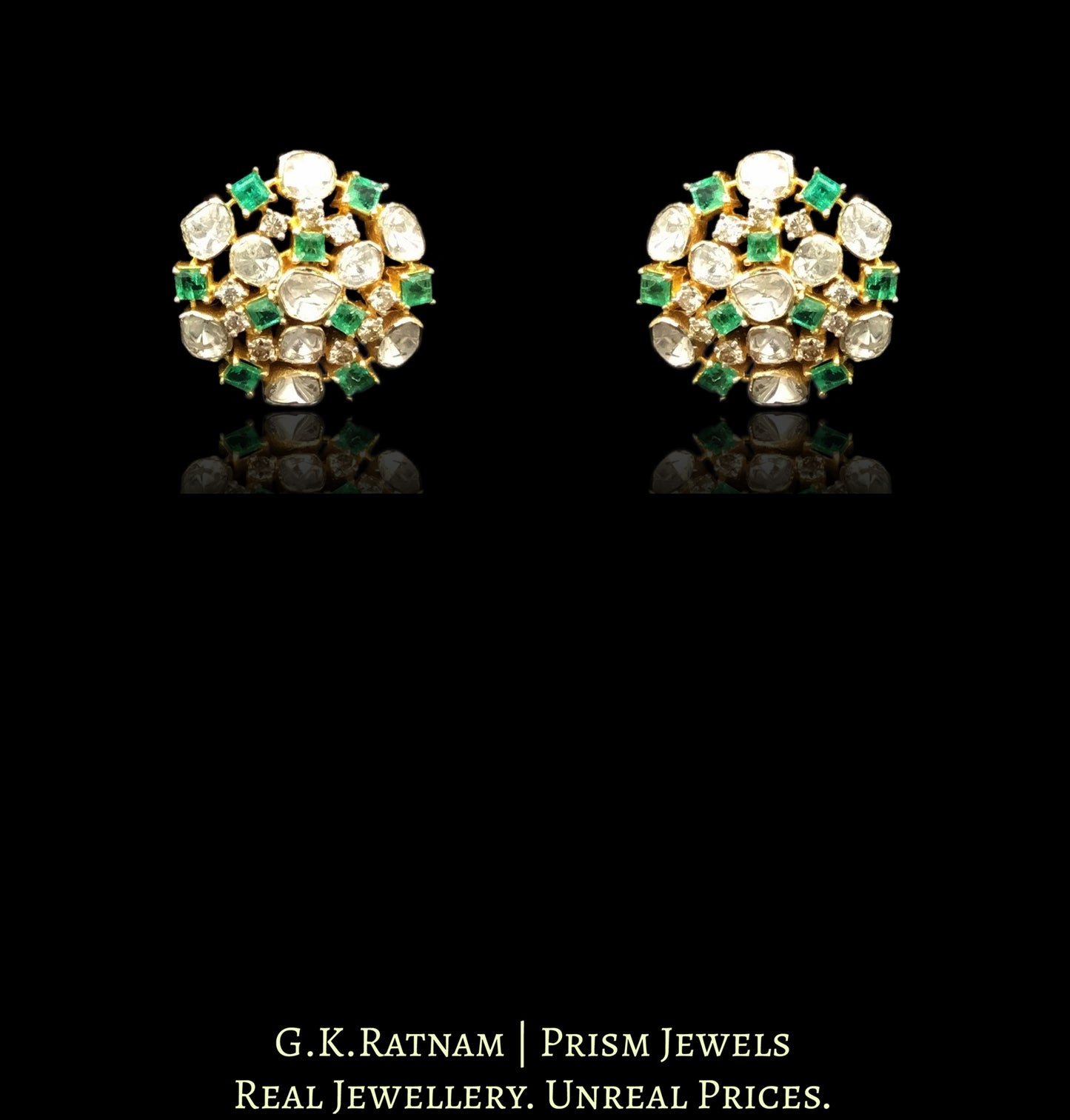 14k Gold and Diamond Polki Open Setting Karanphool Earring Pair with Natural Emerald Chawkis (squares)
