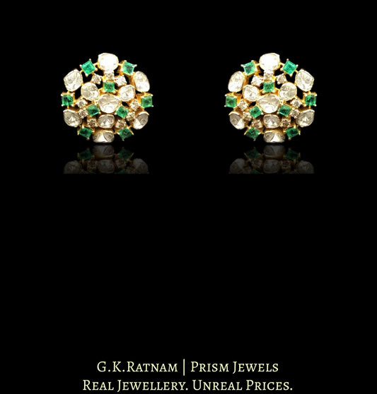 14k Gold and Diamond Polki Open Setting Karanphool Earring Pair with Natural Emerald Chawkis (squares)