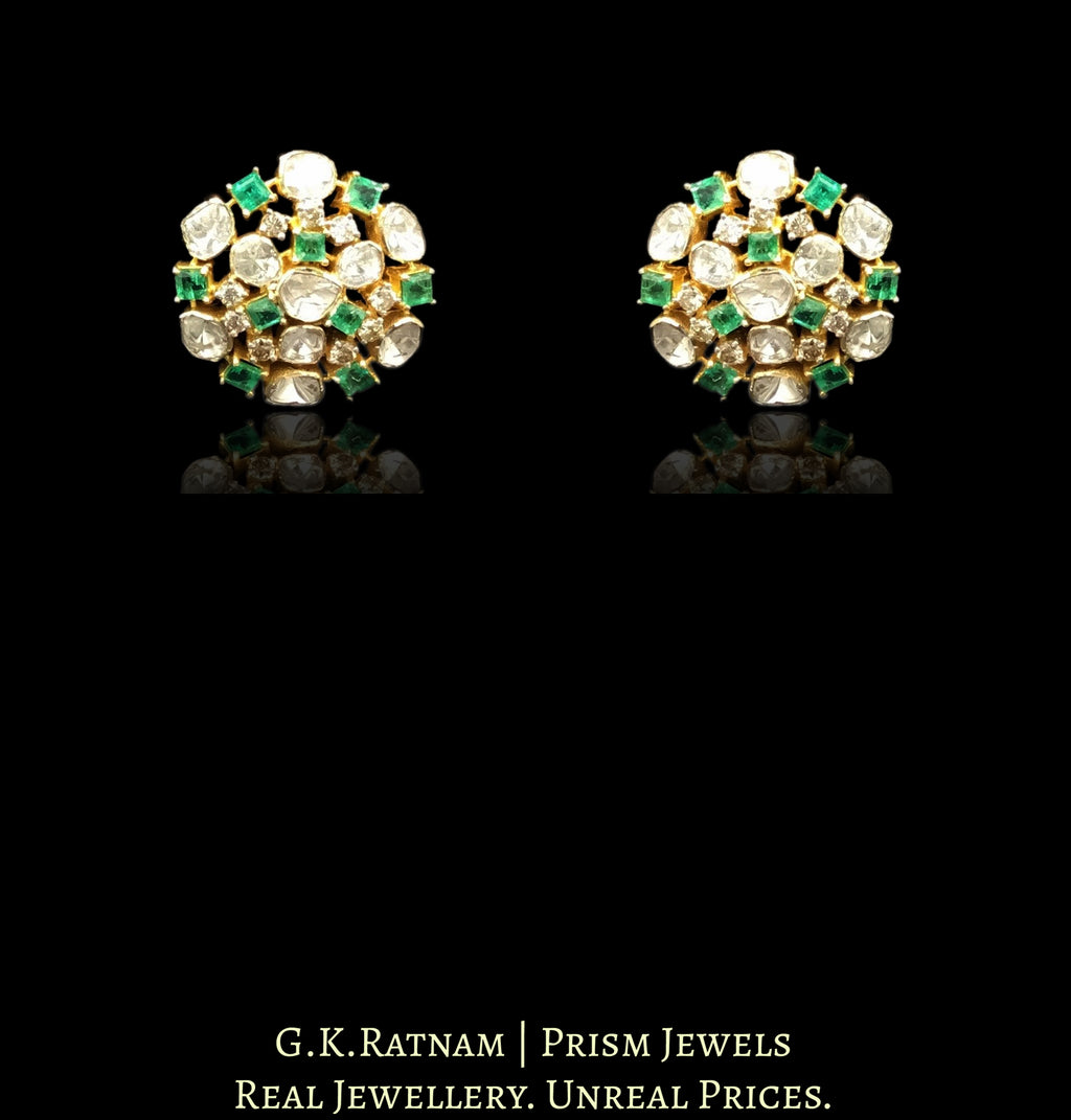 14k Gold and Diamond Polki Open Setting Karanphool Earring Pair with Natural Emerald Chawkis (squares)