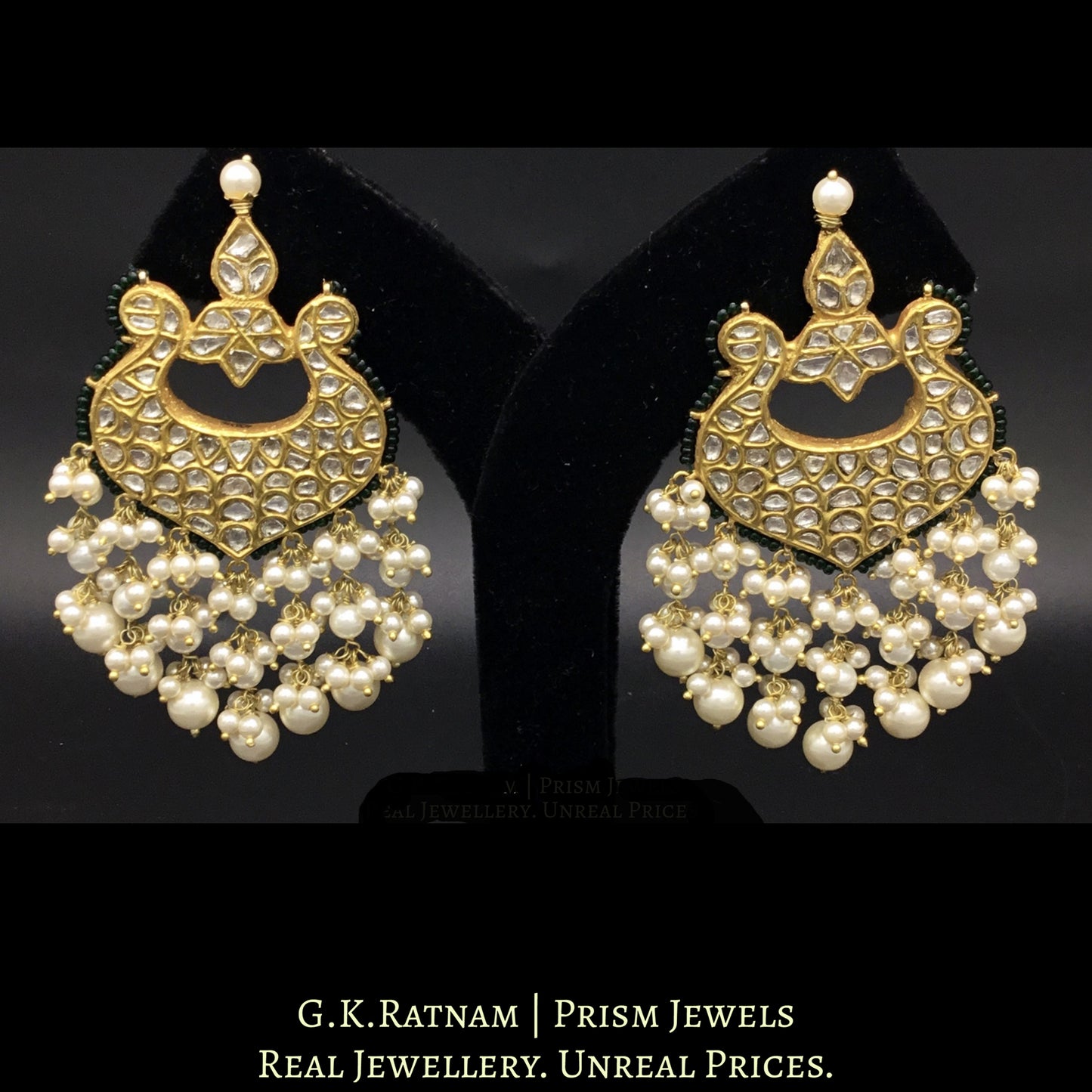 23k Gold and Diamond Polki Chand Bali Earring Pair with pearls strung in chandelier style