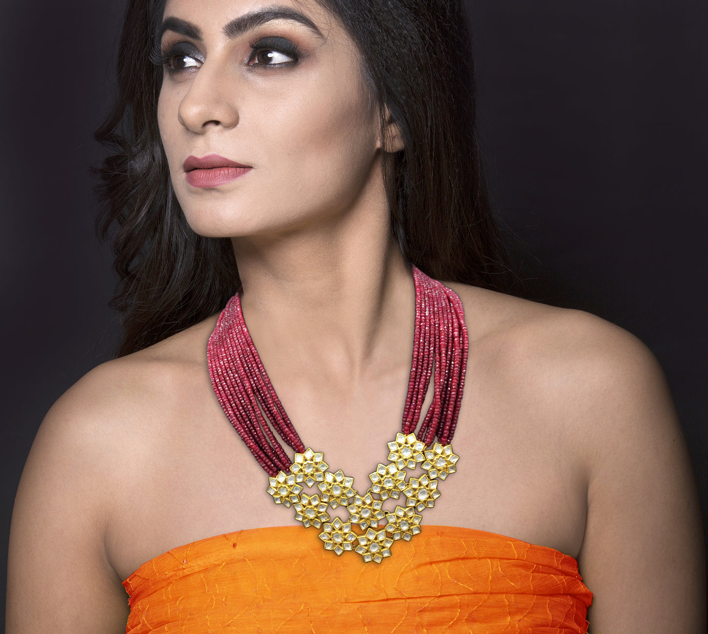 18k Gold and Diamond Polki Pendant with interlinked stars strung on Natural Ruby cut beads - G. K. Ratnam
