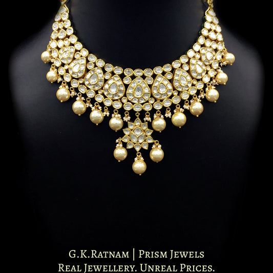 18k Gold and Diamond Polki all-white Necklace Set with triple-coated shell pearls - G. K. Ratnam