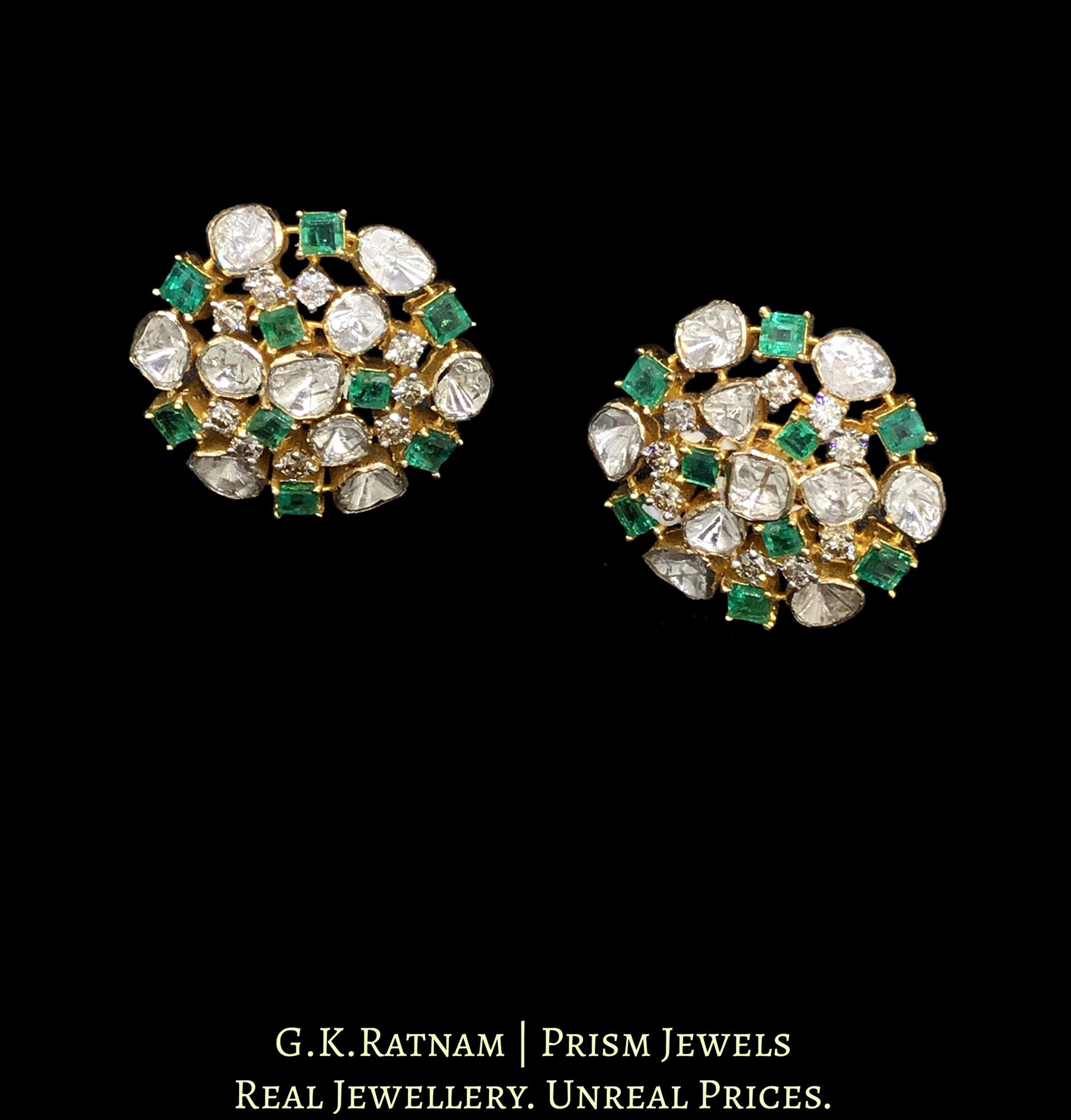 14k Gold and Diamond Polki Open Setting Karanphool Earring Pair with Natural Emerald Chawkis (squares)
