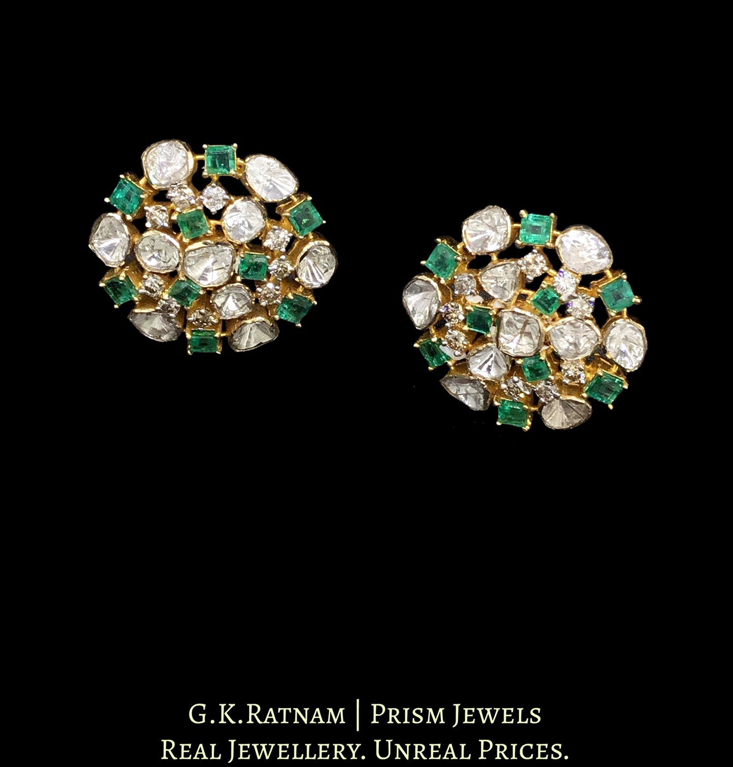 14k Gold and Diamond Polki Open Setting Karanphool Earring Pair with Natural Emerald Chawkis (squares)