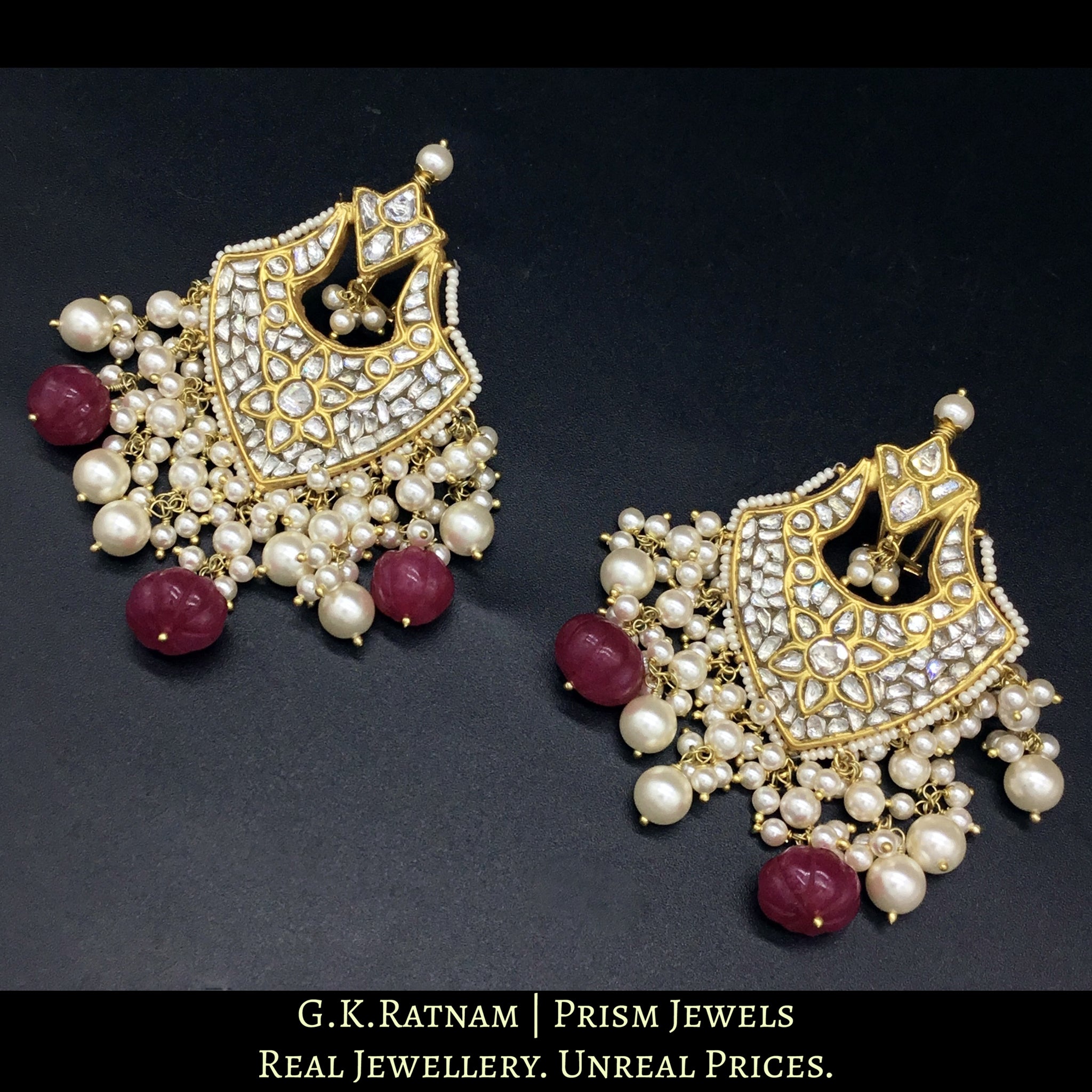 23k Gold and Diamond Polki Chand Bali Earring Pair with Ruby-red carved melons
