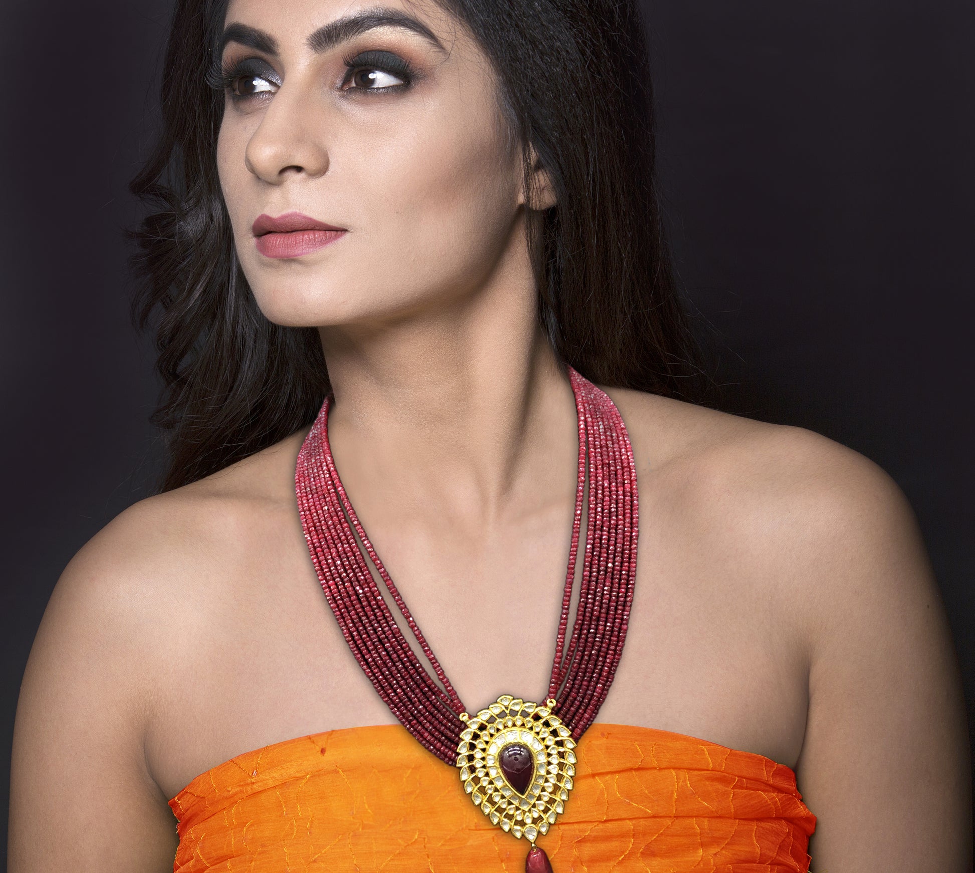 18k Gold and Diamond Polki ruby-center Pendant Set in pear (tilak) shape - G. K. Ratnam