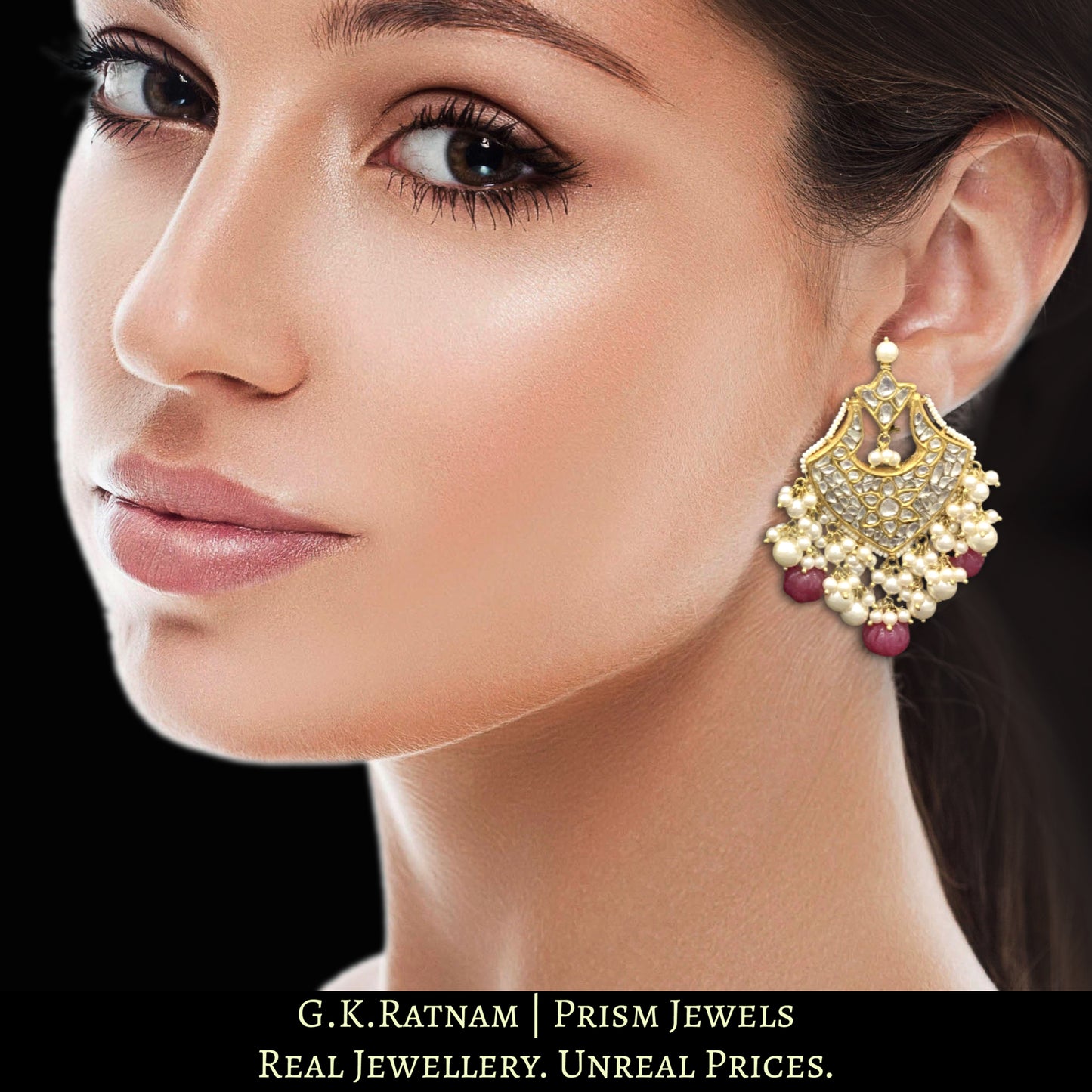 23k Gold and Diamond Polki Chand Bali Earring Pair with Ruby-red carved melons
