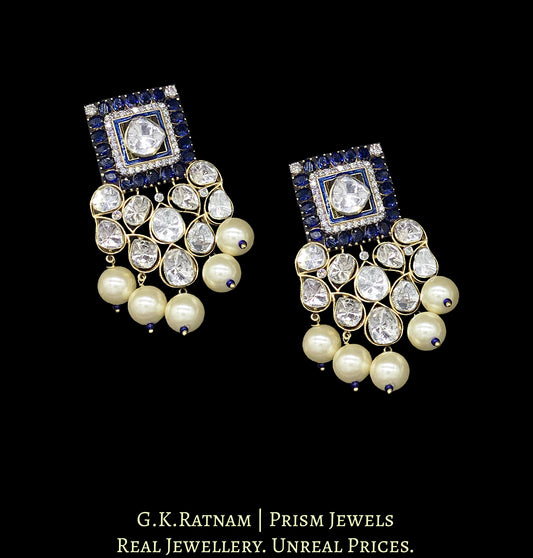 14k Gold and Diamond Polki Designer Open Setting Karanphool Earring Pair with Blue-Sapphires