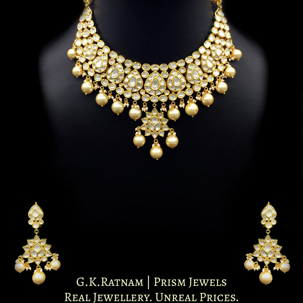 18k Gold and Diamond Polki all-white Necklace Set with triple-coated shell pearls - G. K. Ratnam