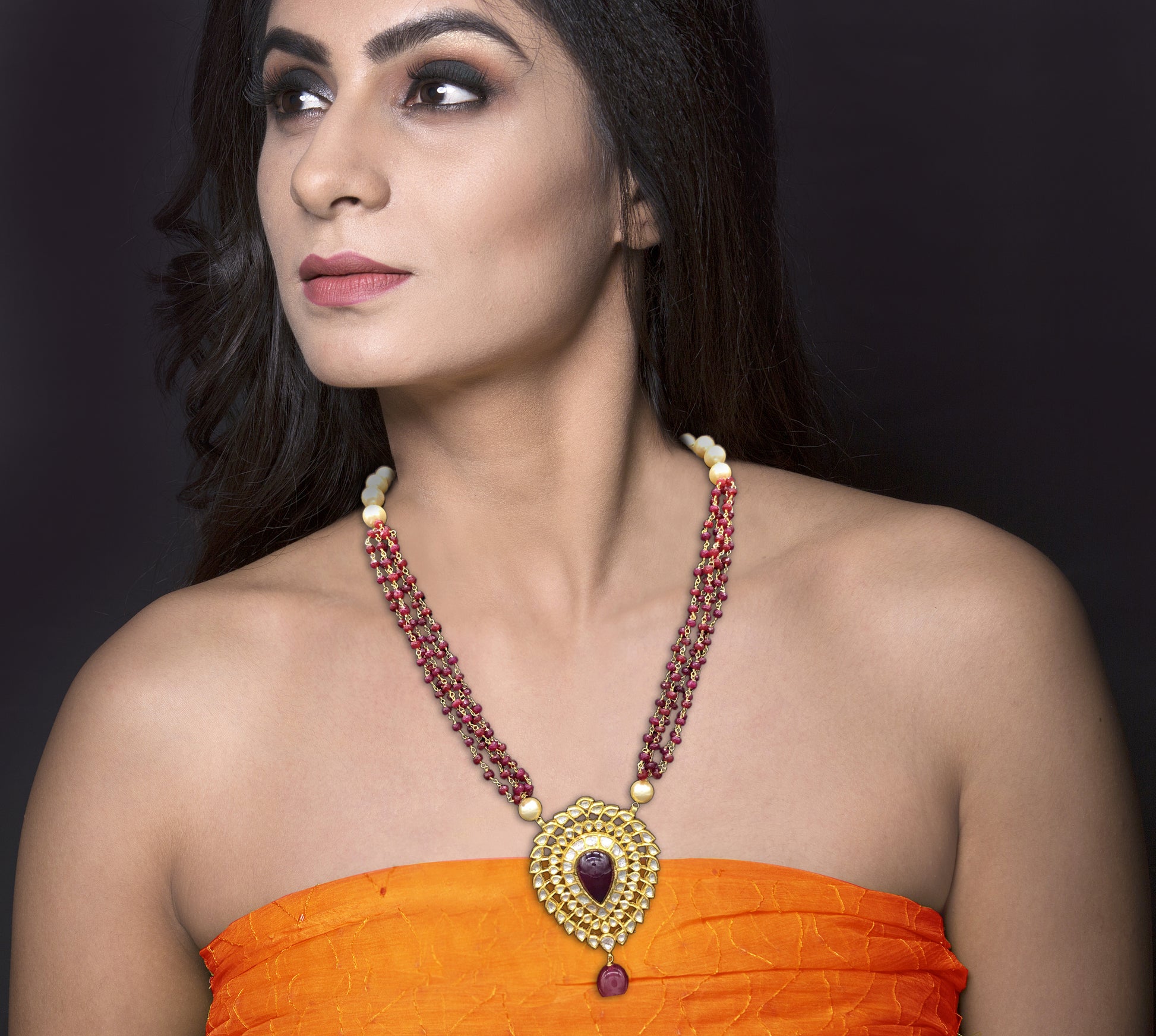 18k Gold and Diamond Polki ruby-center Pendant Set in pear (tilak) shape - G. K. Ratnam