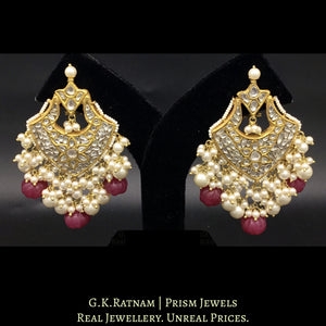 23k Gold and Diamond Polki Chand Bali Earring Pair with Ruby-red carved melons