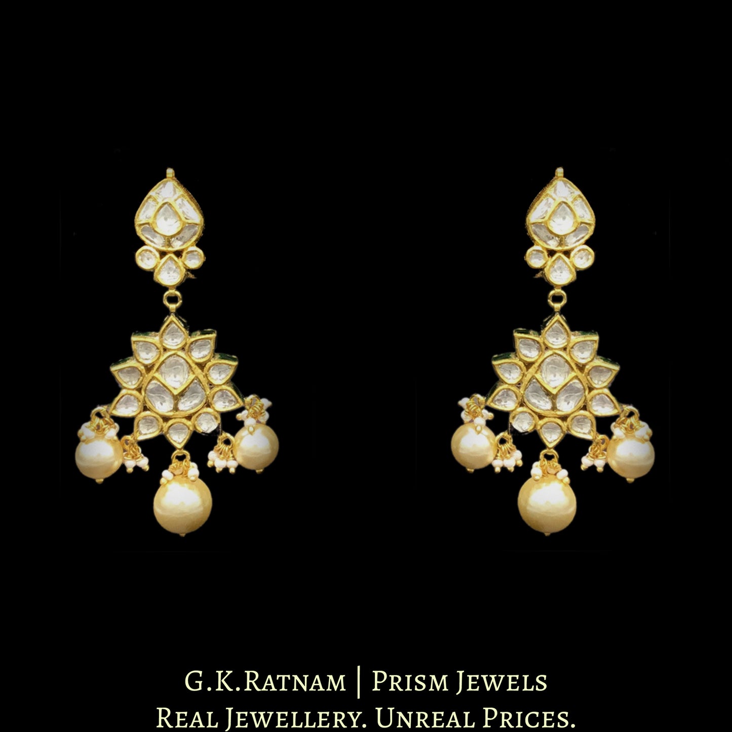 18k Gold and Diamond Polki all-white Necklace Set with triple-coated shell pearls - G. K. Ratnam