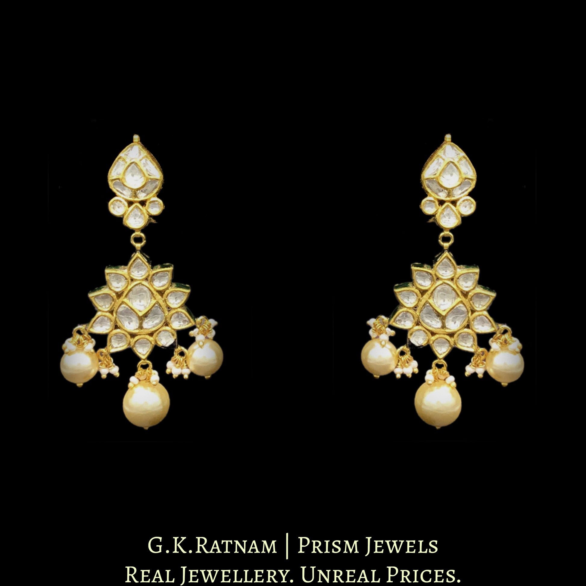 18k Gold and Diamond Polki all-white Necklace Set with triple-coated shell pearls - G. K. Ratnam