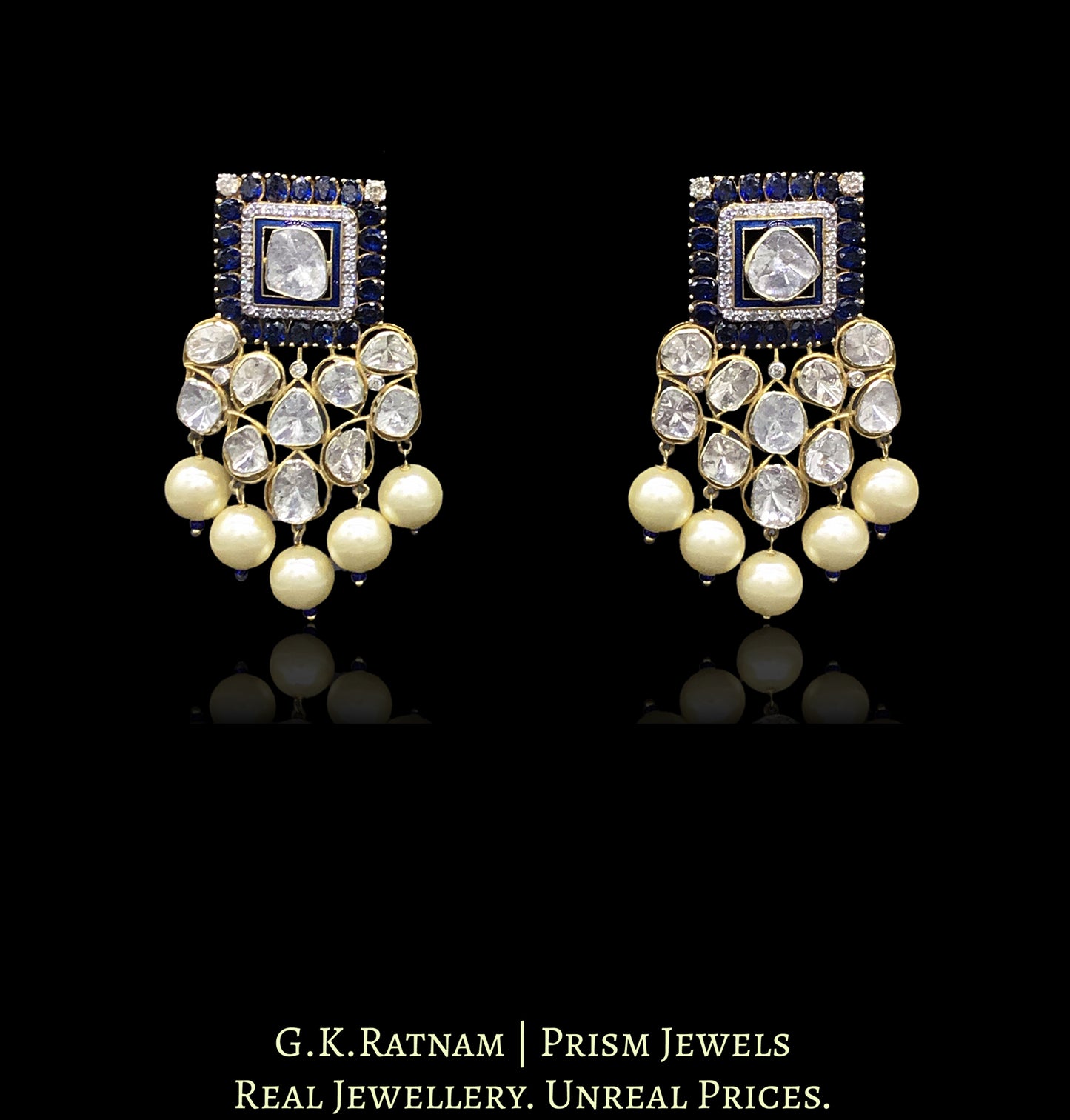 14k Gold and Diamond Polki Designer Open Setting Karanphool Earring Pair with Blue-Sapphires