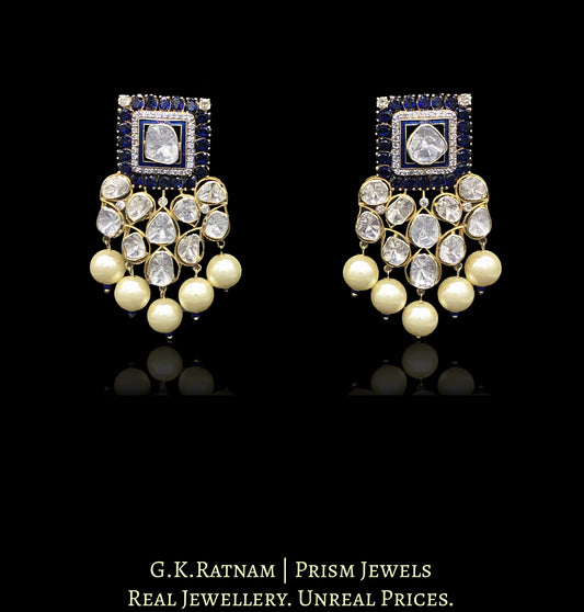 14k Gold and Diamond Polki Designer Open Setting Karanphool Earring Pair with Blue-Sapphires